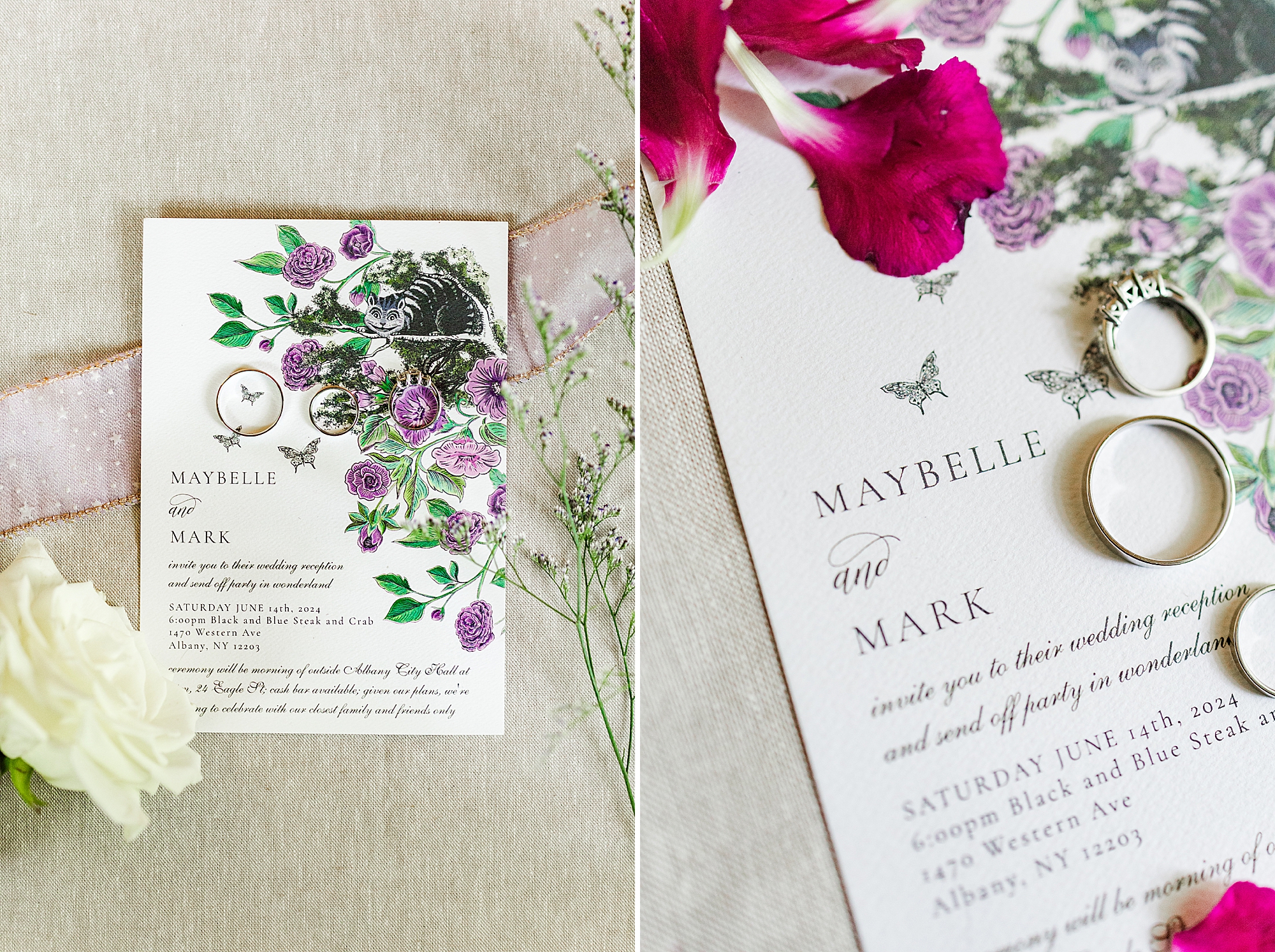 wedding invitation, flower petals and wedding rings 