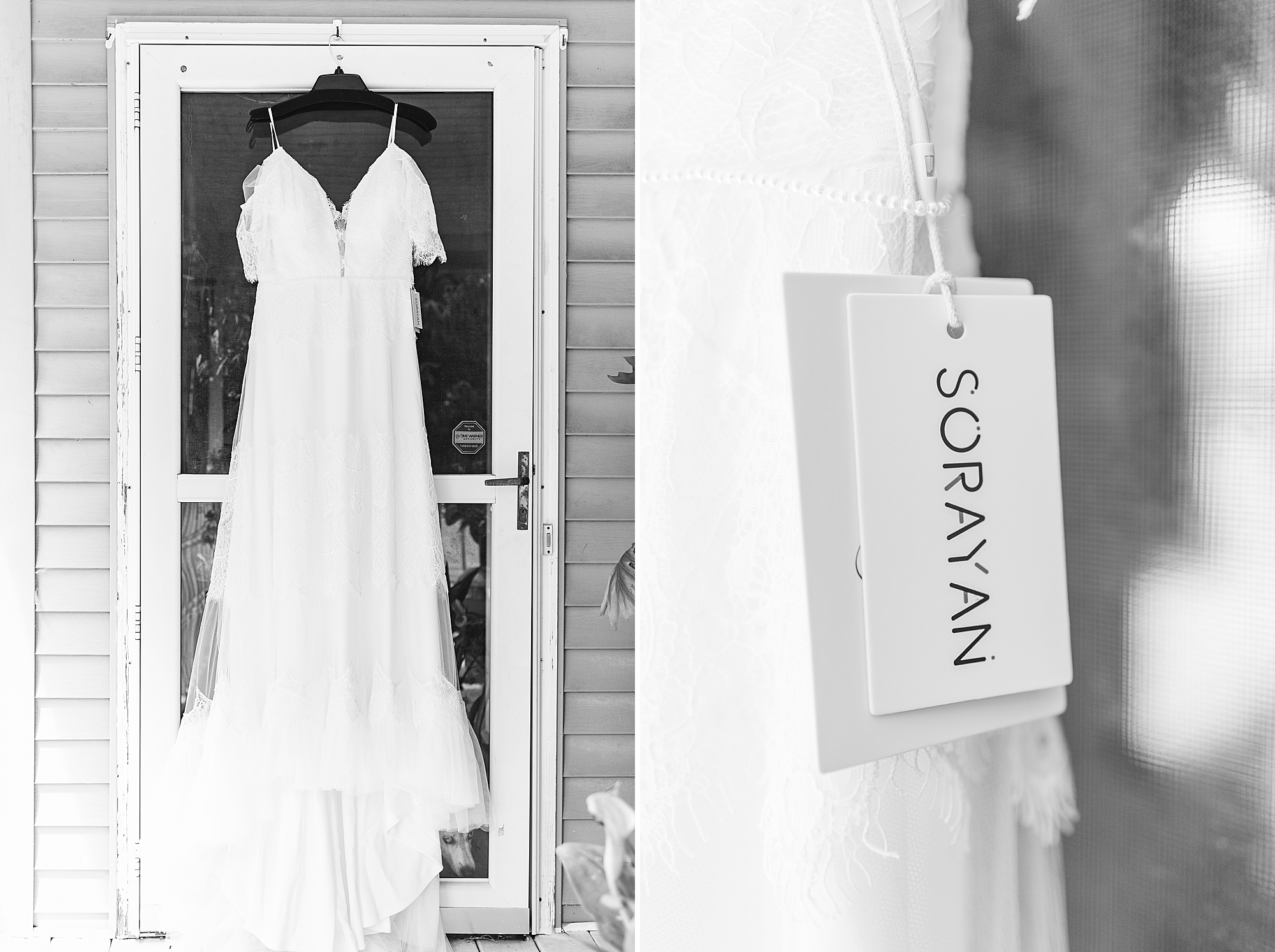 wedding dress hanging on door with designer tags