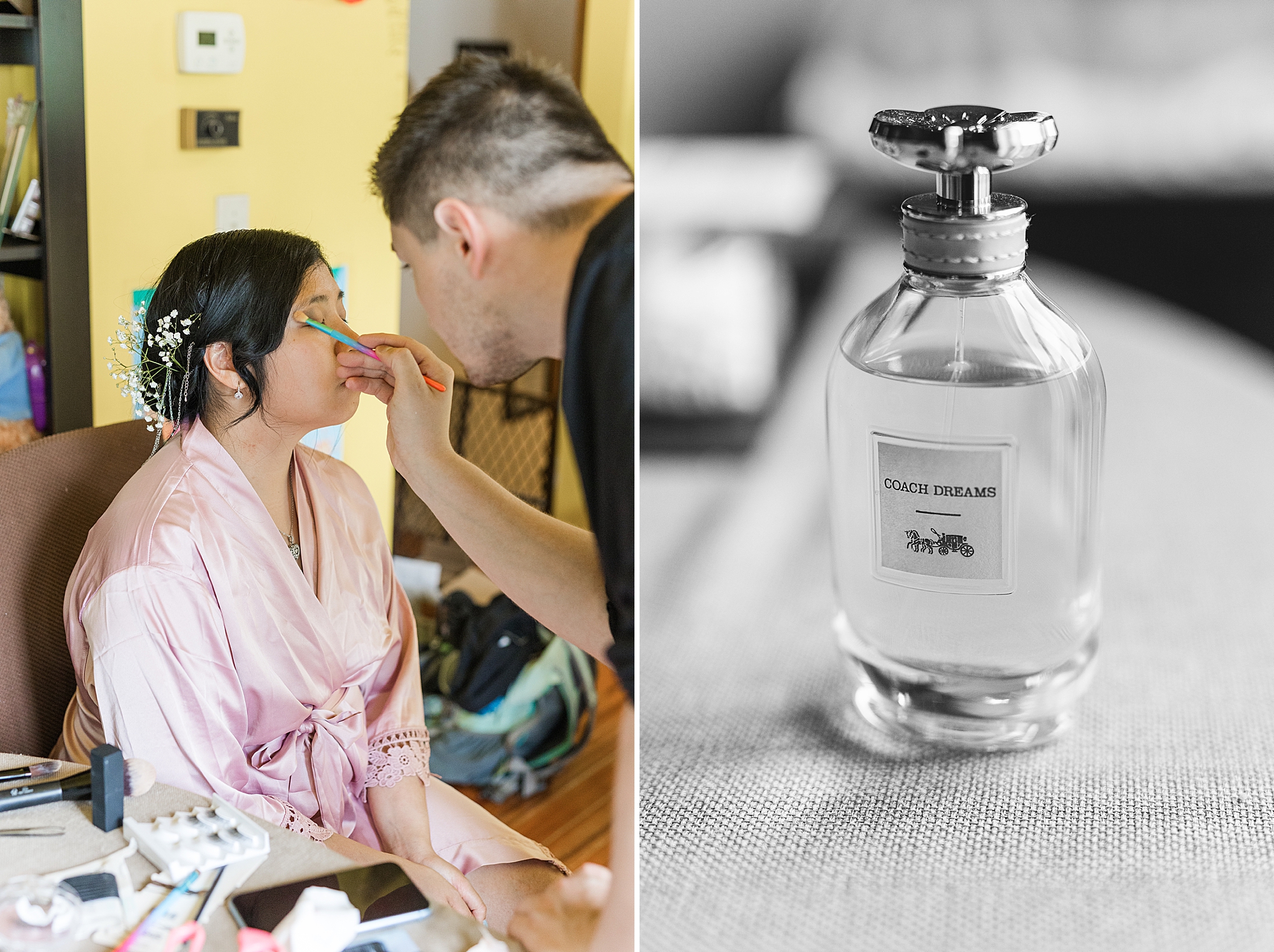 make up artist is putting eye make up on the bride 