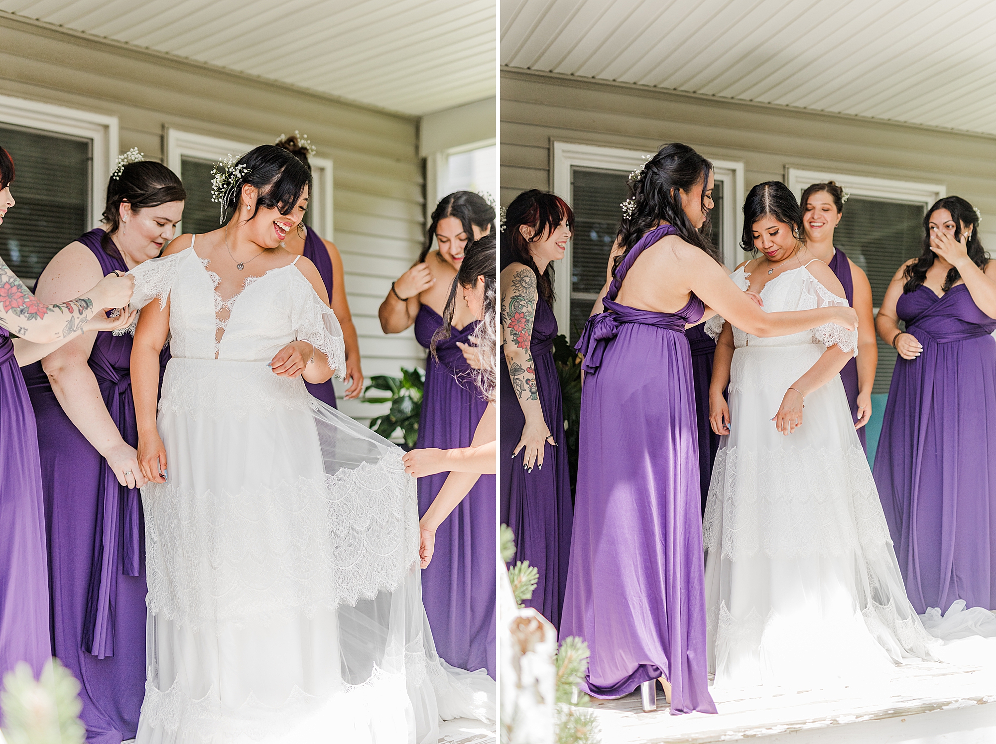 bridesmaids and bride laughing