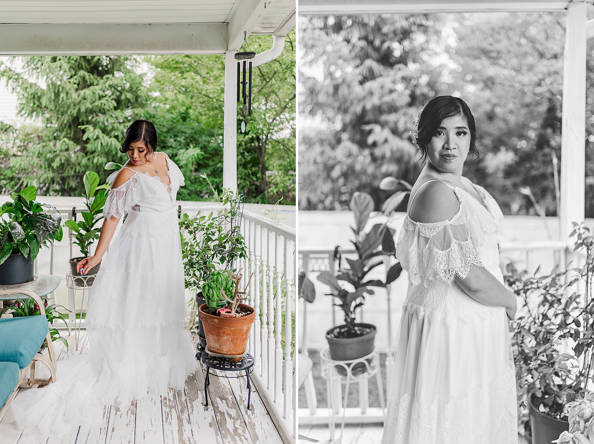 bride fluffing her dress on porch with plants