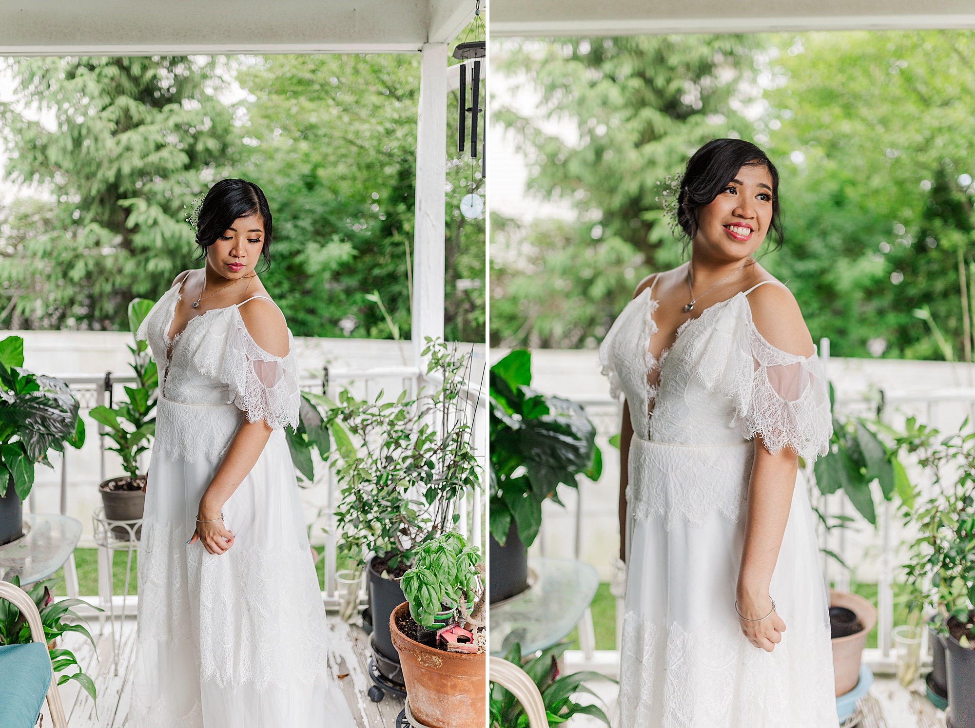 bride posing on porch with her wedding dress