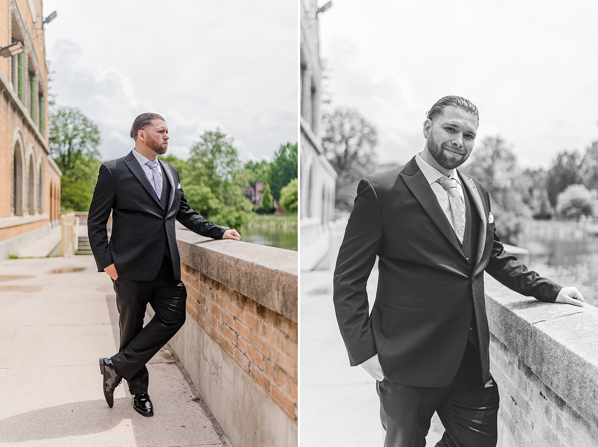 groom posing outside on patio 