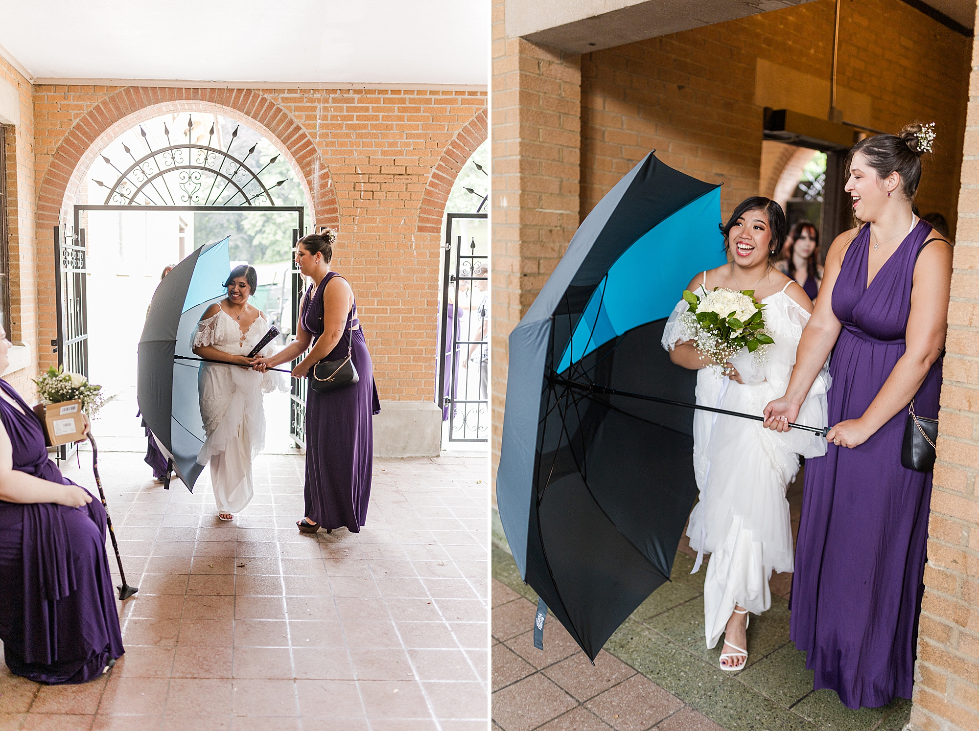 bridesmaids hiding bride with a large blue and black umbrella