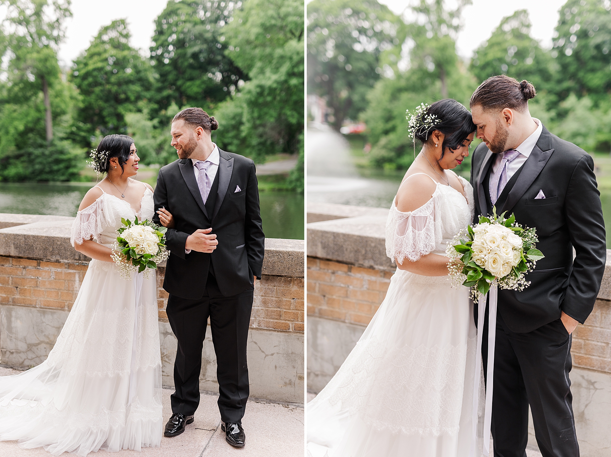 bride and groom posing with each other while holding bouquet 