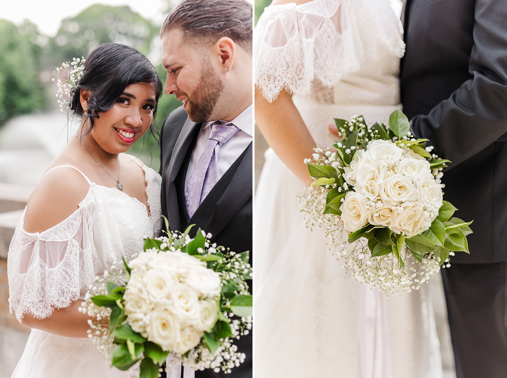 bride and groom with bouquet of white flowers