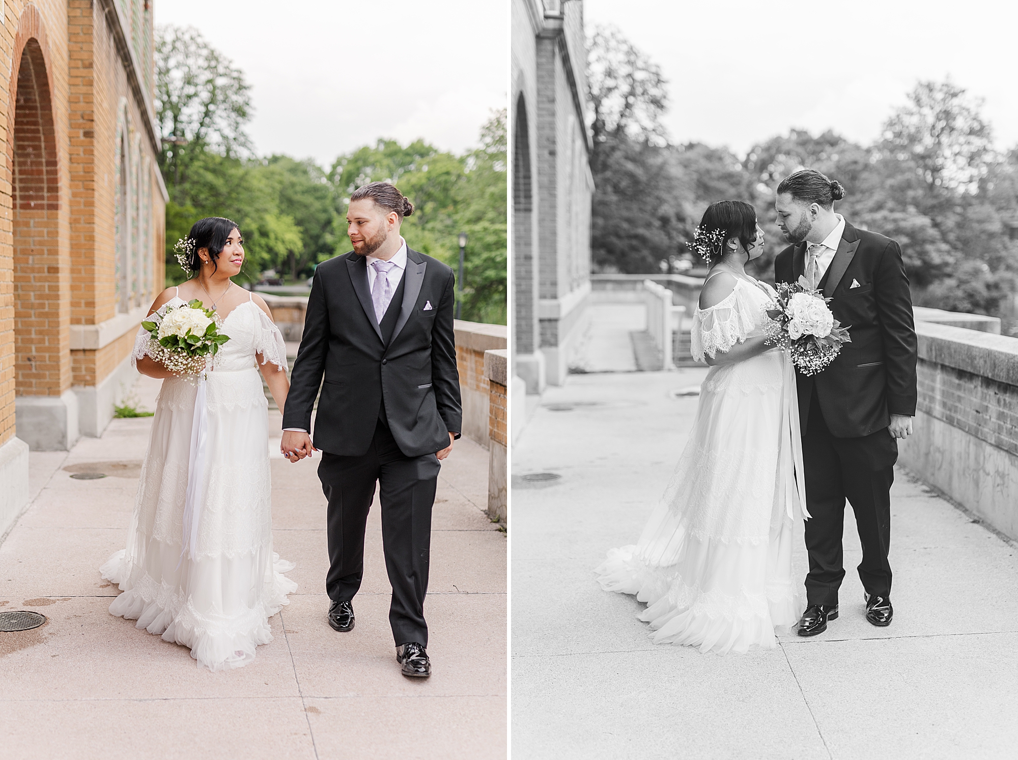 bride and groom walking together on outdoor patio 