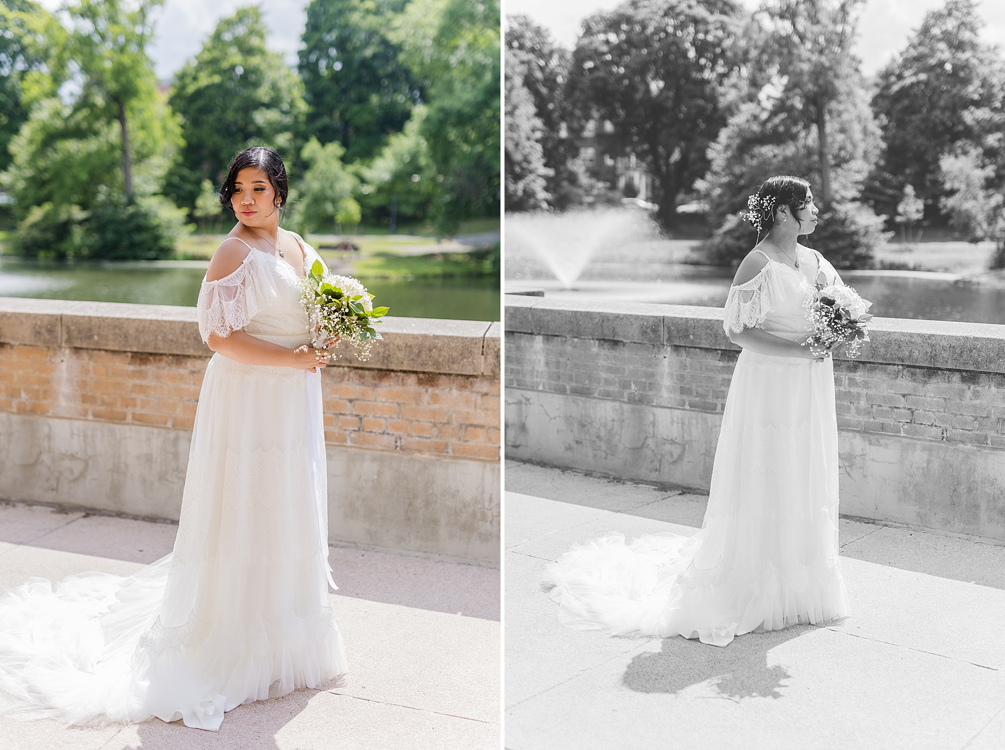 bride posing on outdoor patio with wedding dress and flowers