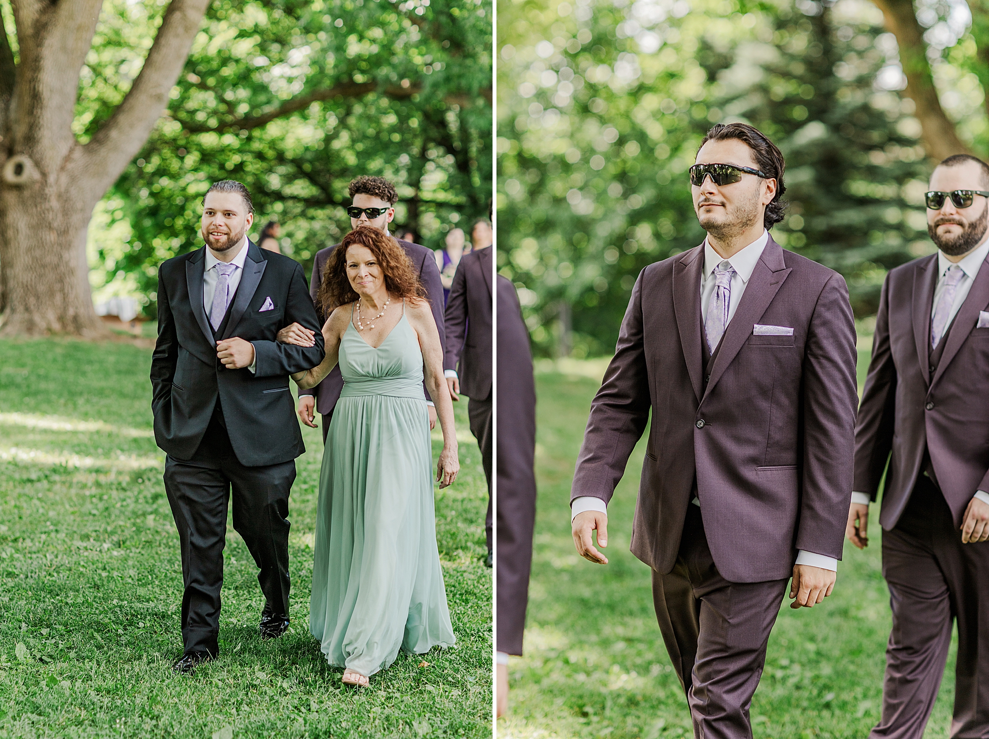 mother of groom walking with son and groomsmen walking down aisle