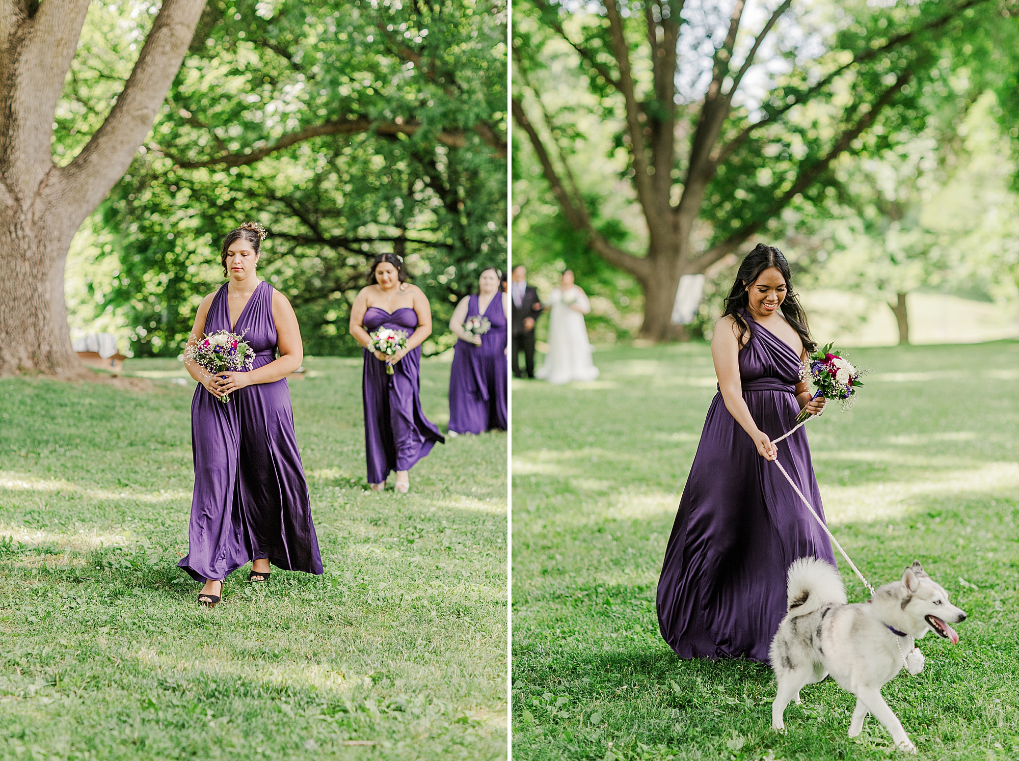 bridesmaids walking down aisle holding flowers and maid of honor walking with dog on leash