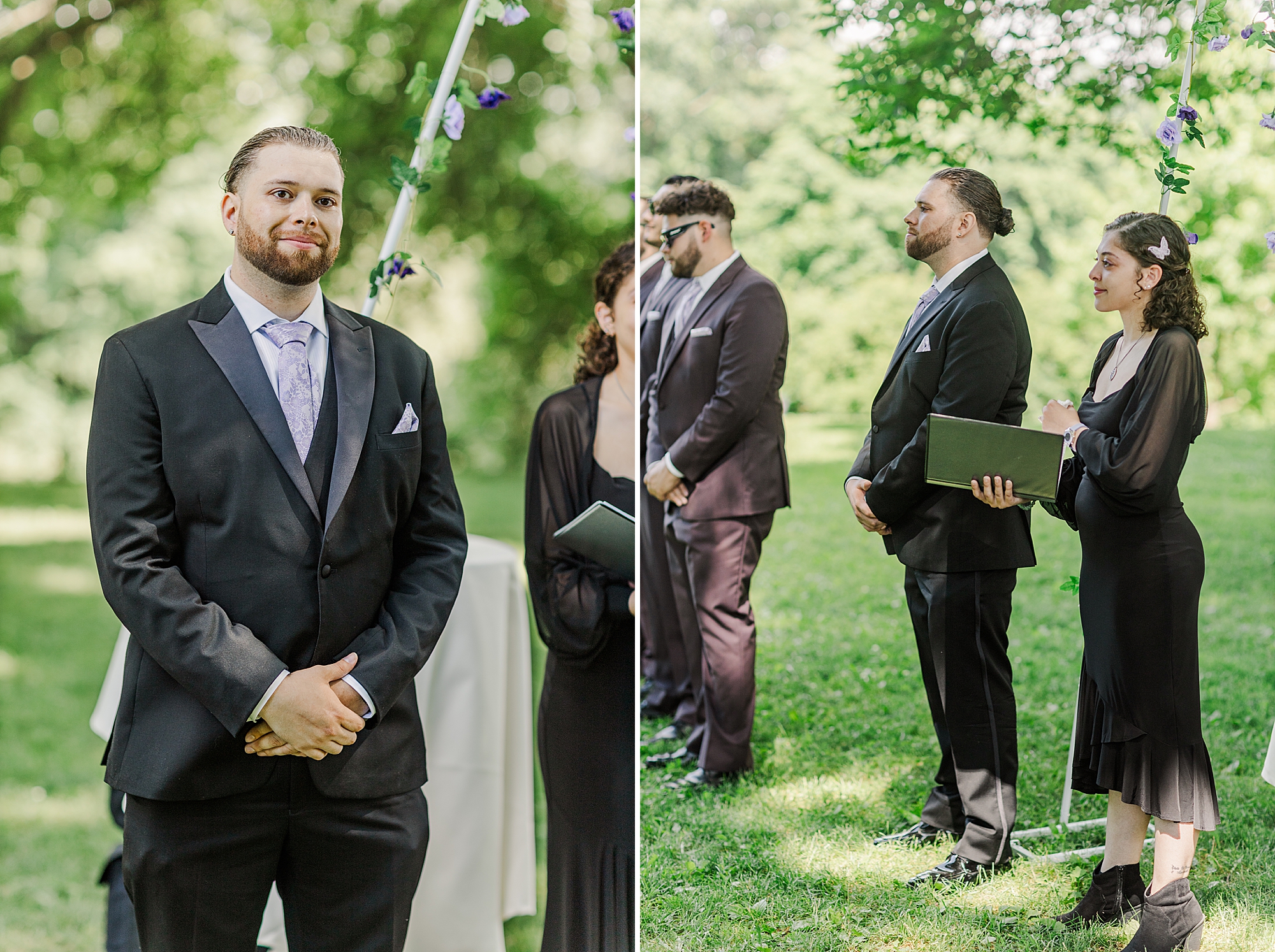 groom watching his bride walk down the aisle with officiant 