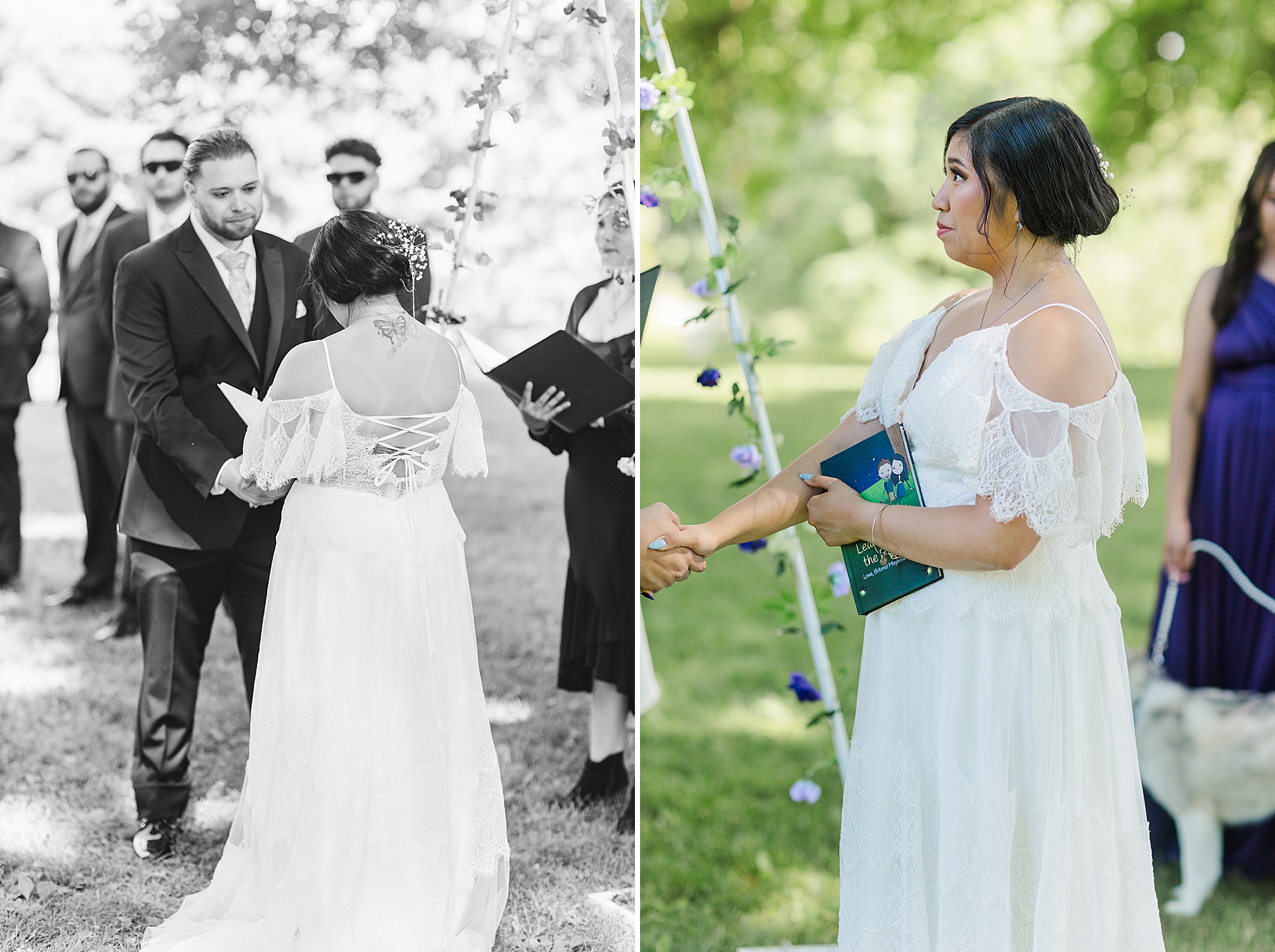 bride reading her vows to groom while holding vow book 