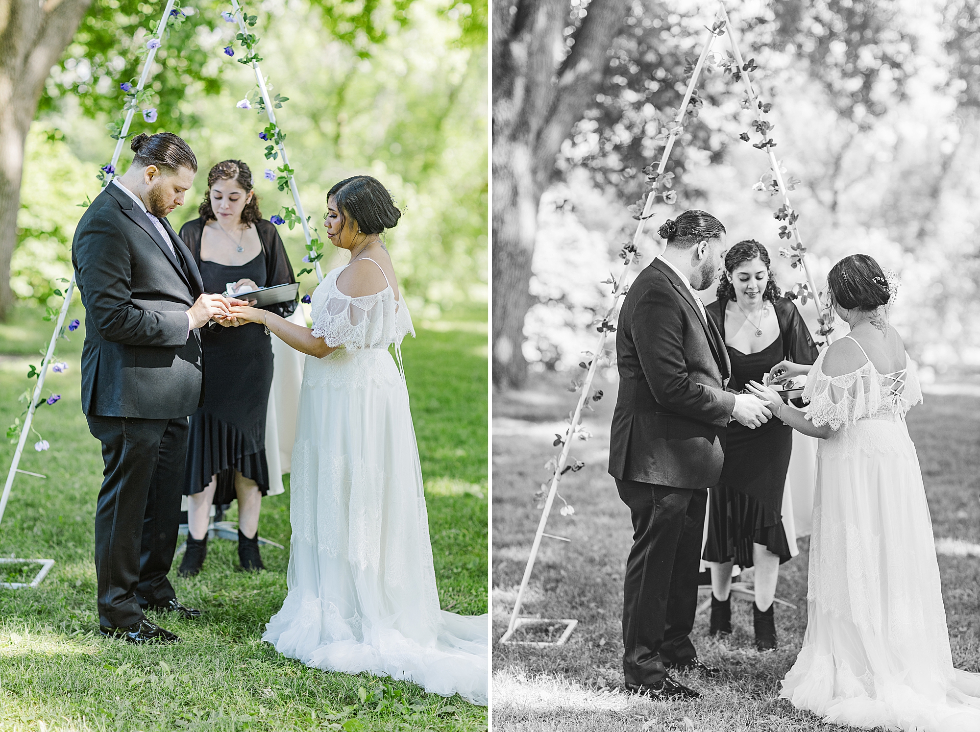 groom placing wedding ring on brides finger standing in front of officiant and wedding arch 