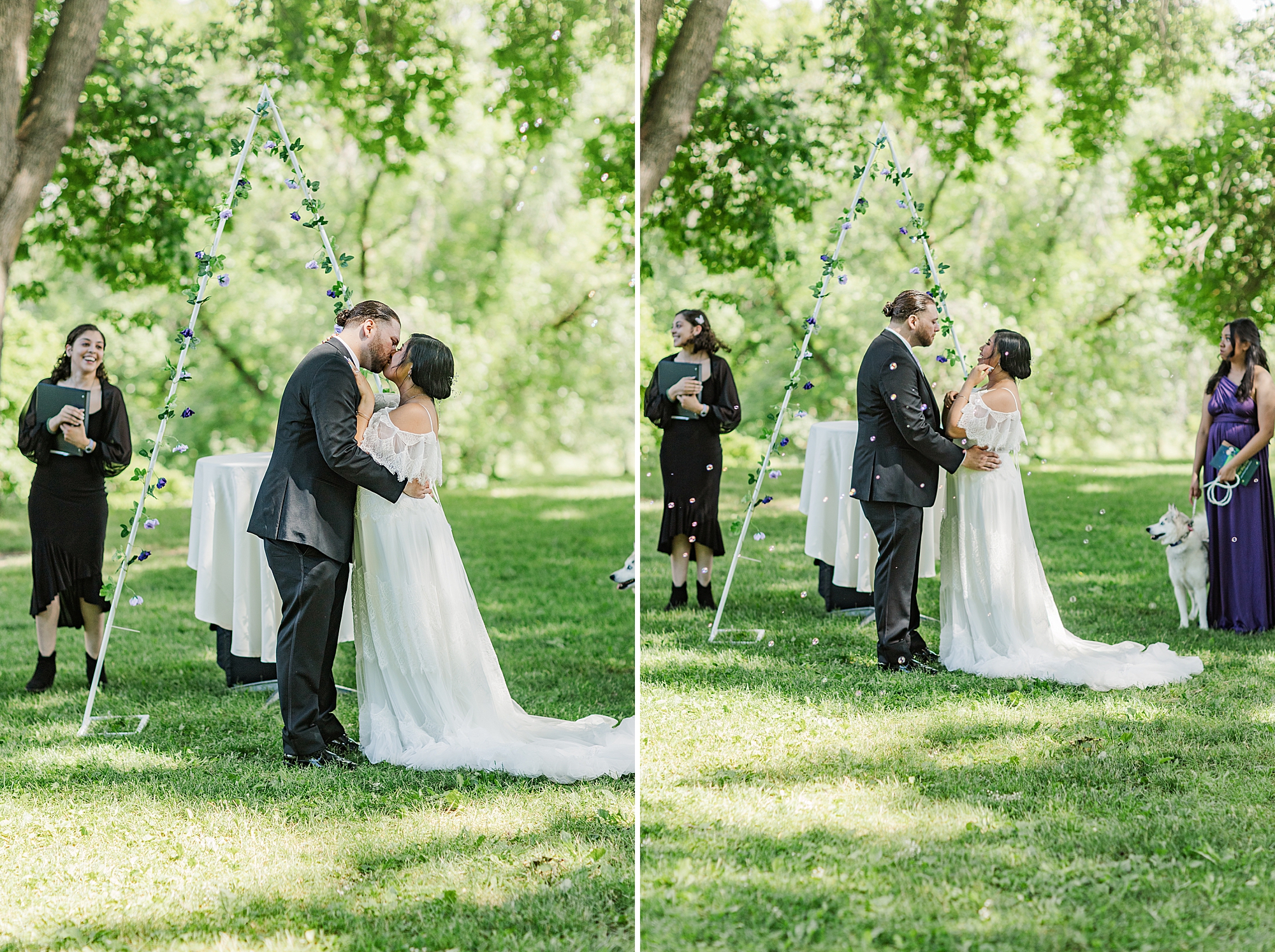 bride and groom sharing a kiss in park 