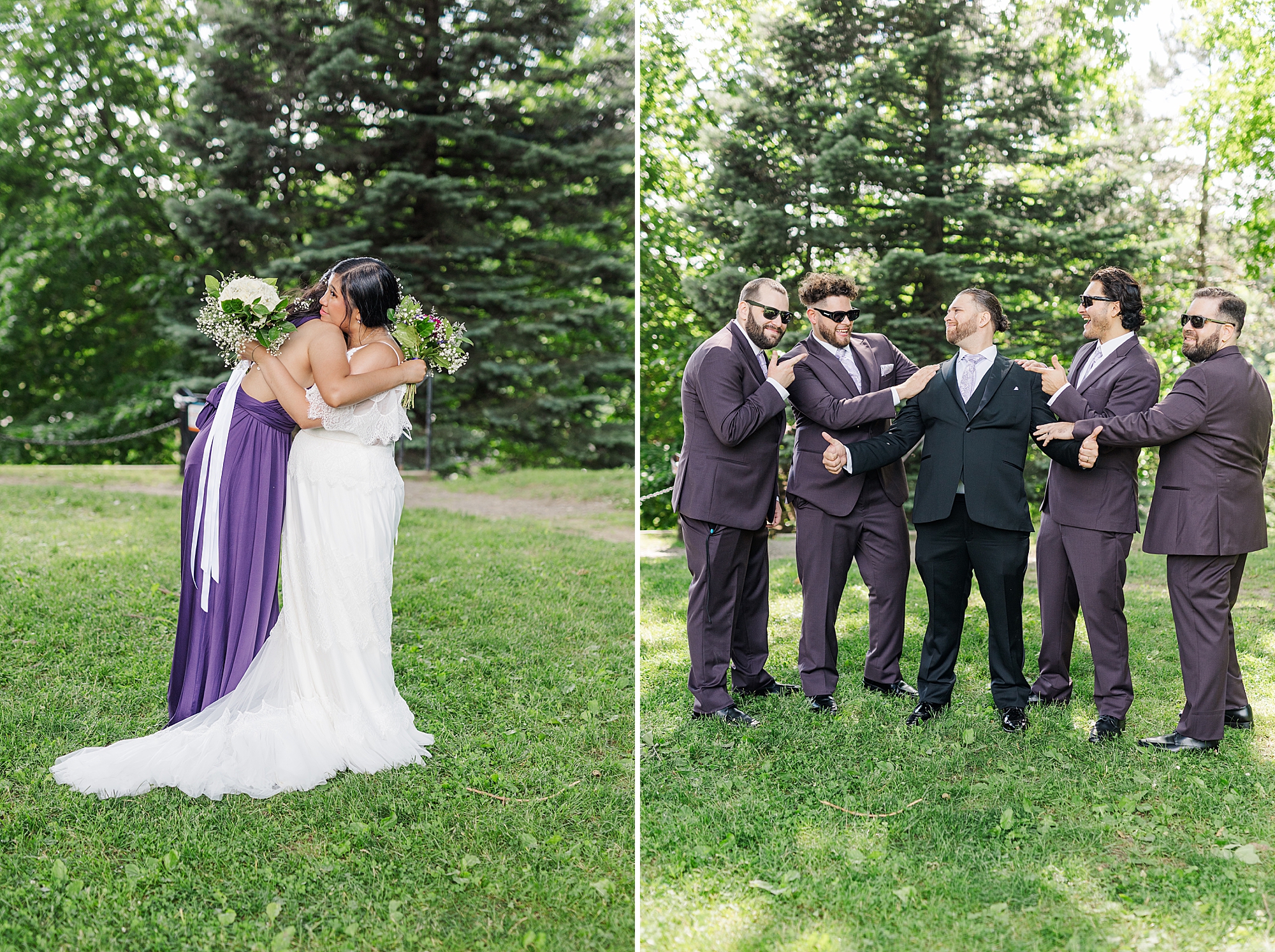 maid of honor hugging bride and groomsmen laughing with groom 