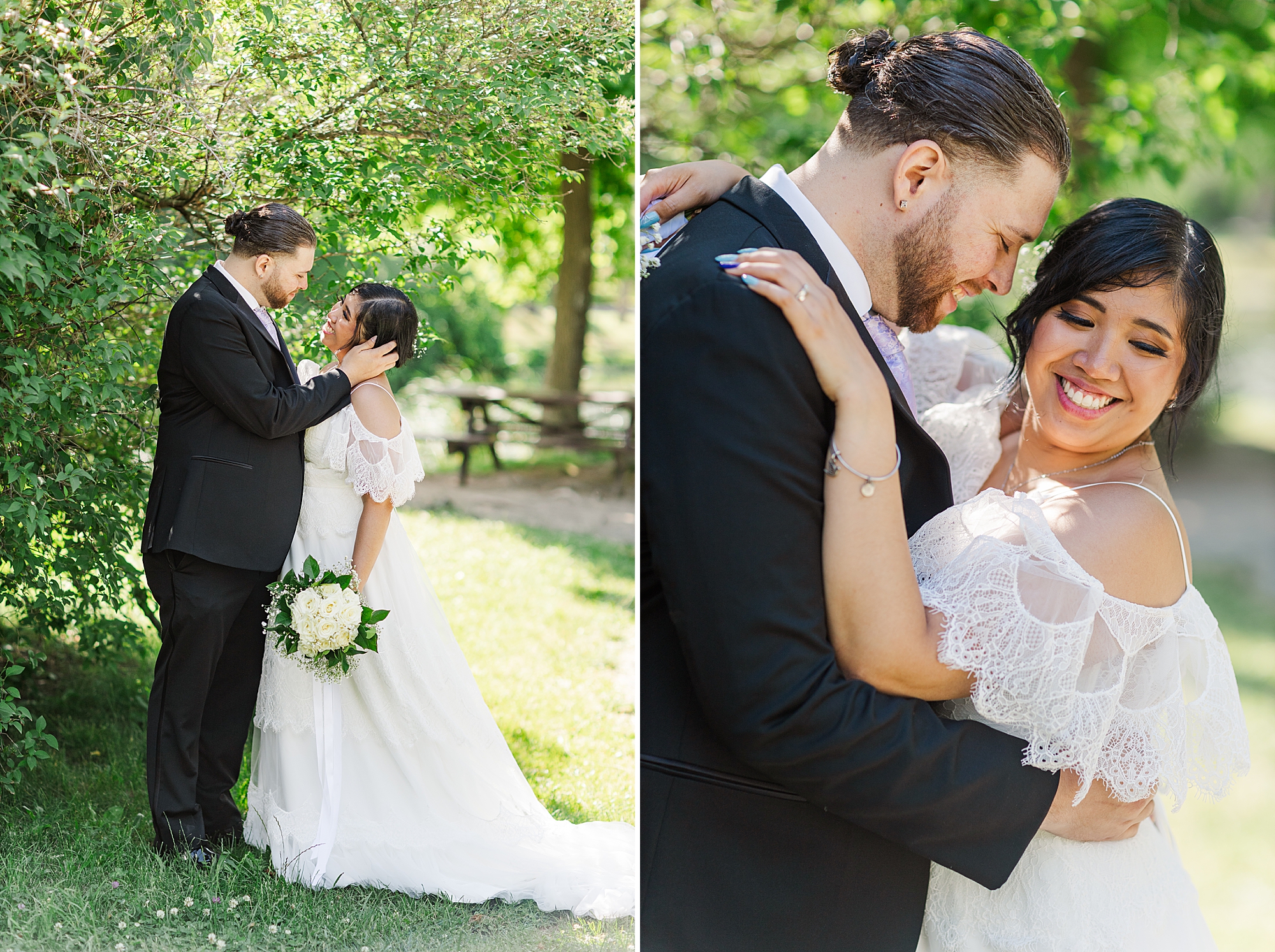 bride and groom holding each other while laughing 