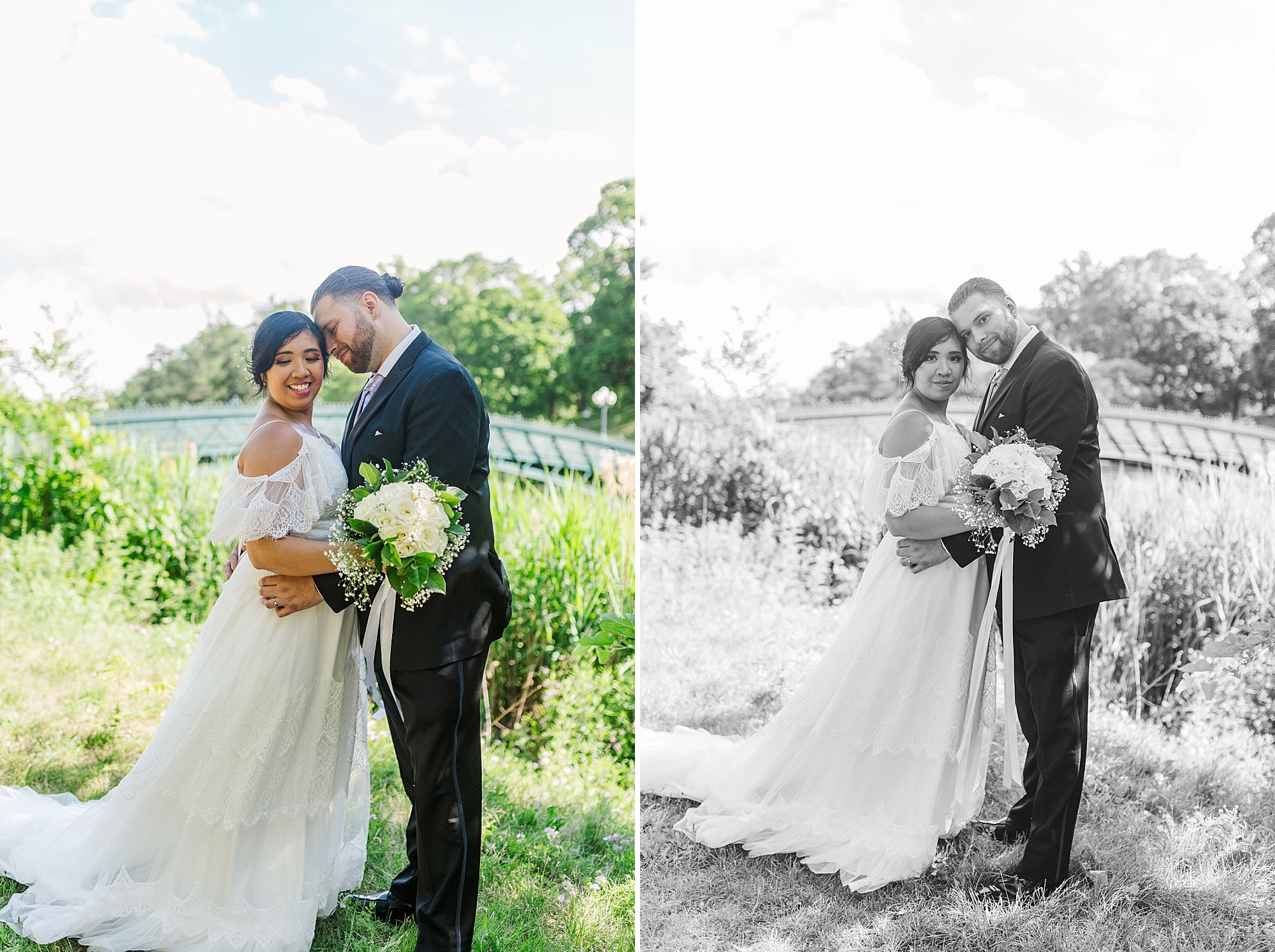 bride in groom hugging each other next to a bridge