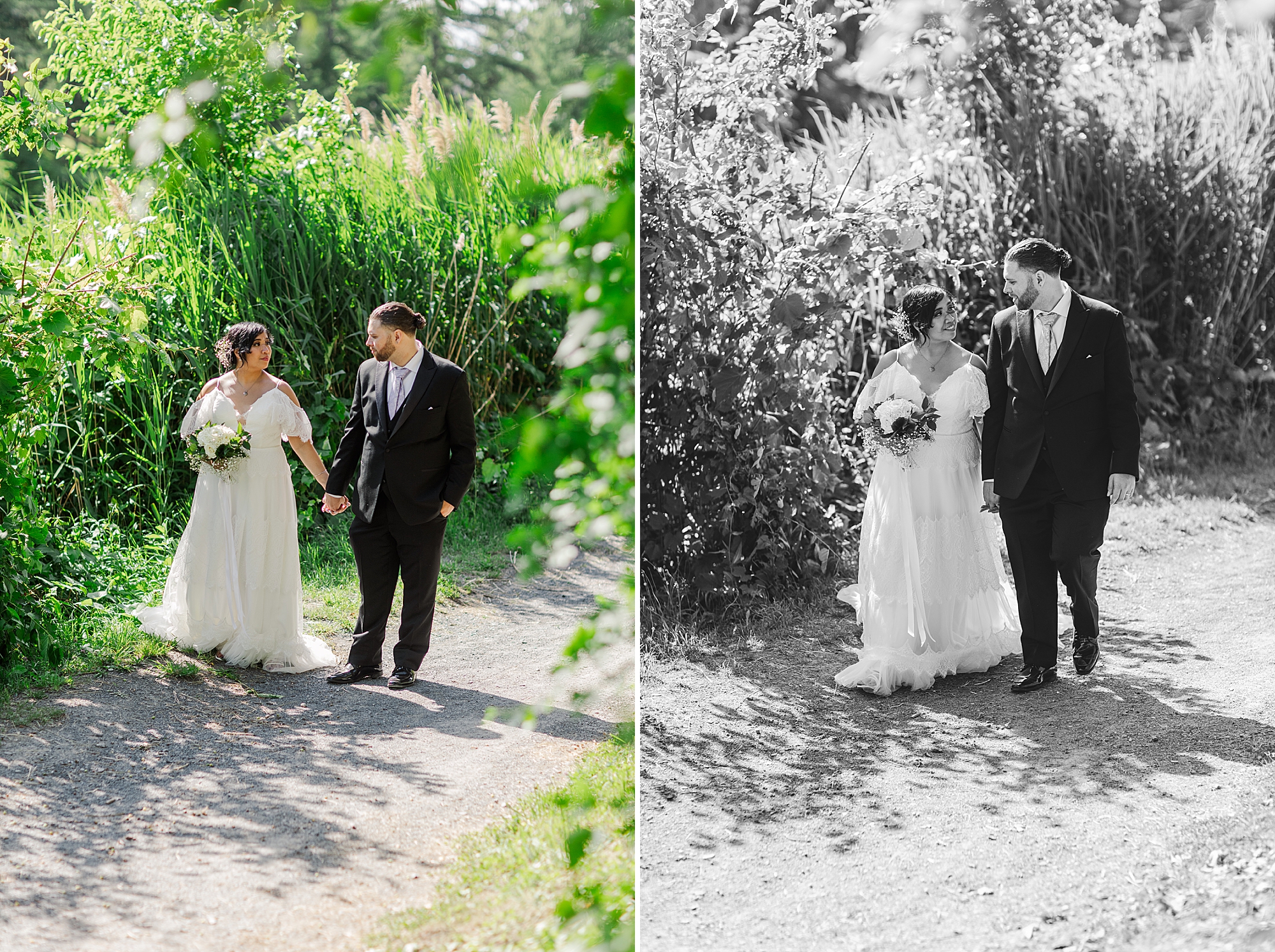 bride and groom holding hands while walking at the park 