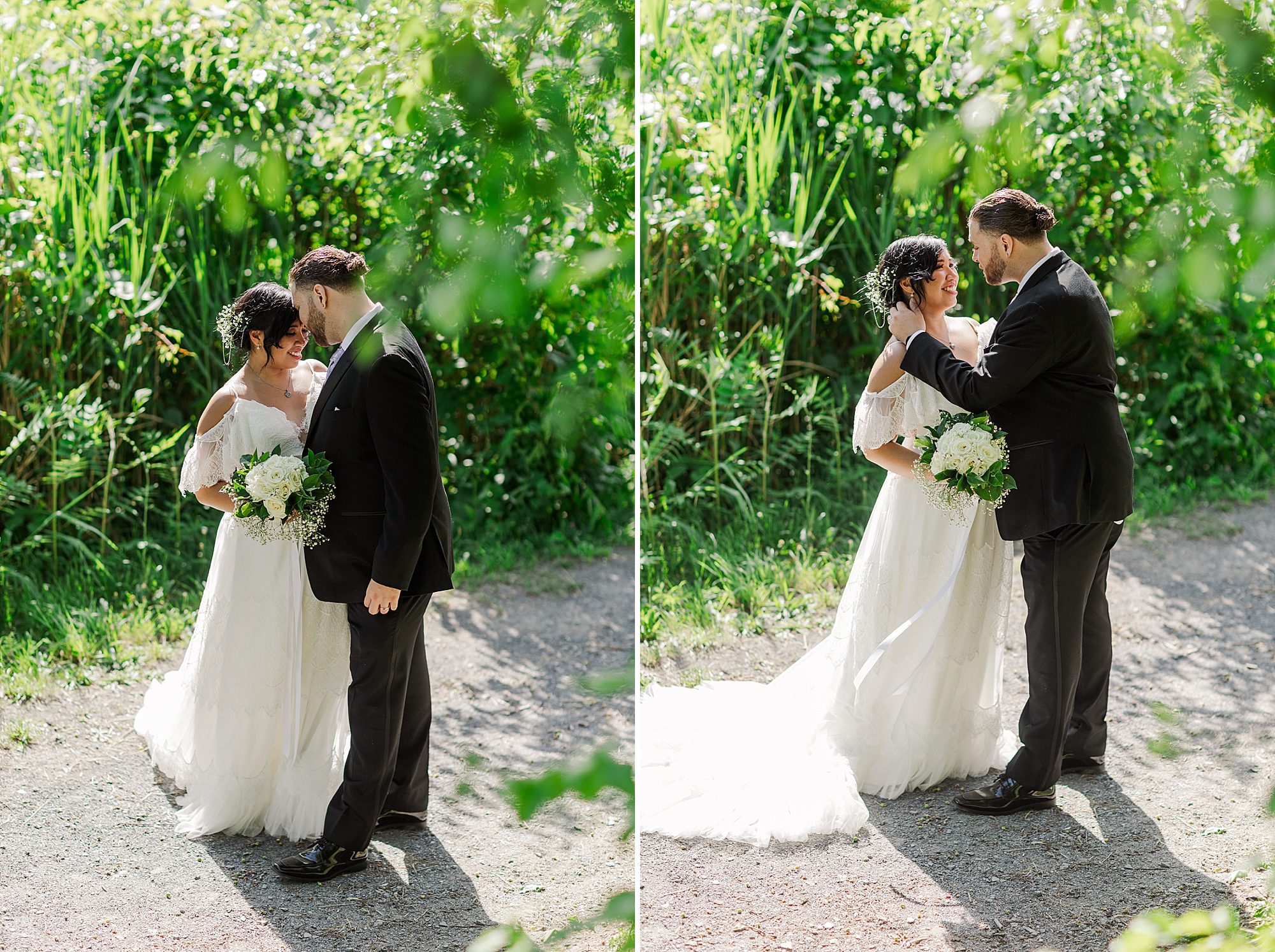 bride and groom embracing while walking at the park 