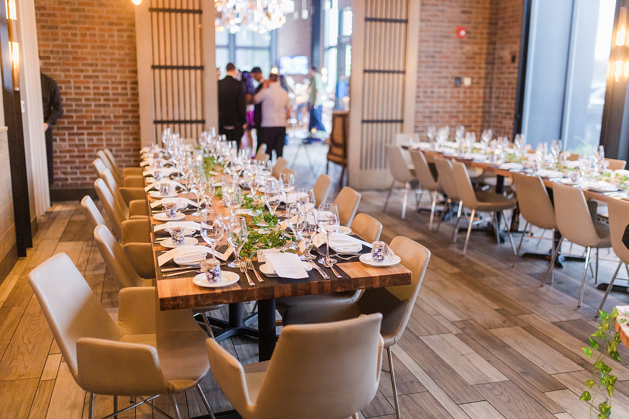 wide shot of wedding reception dining room 