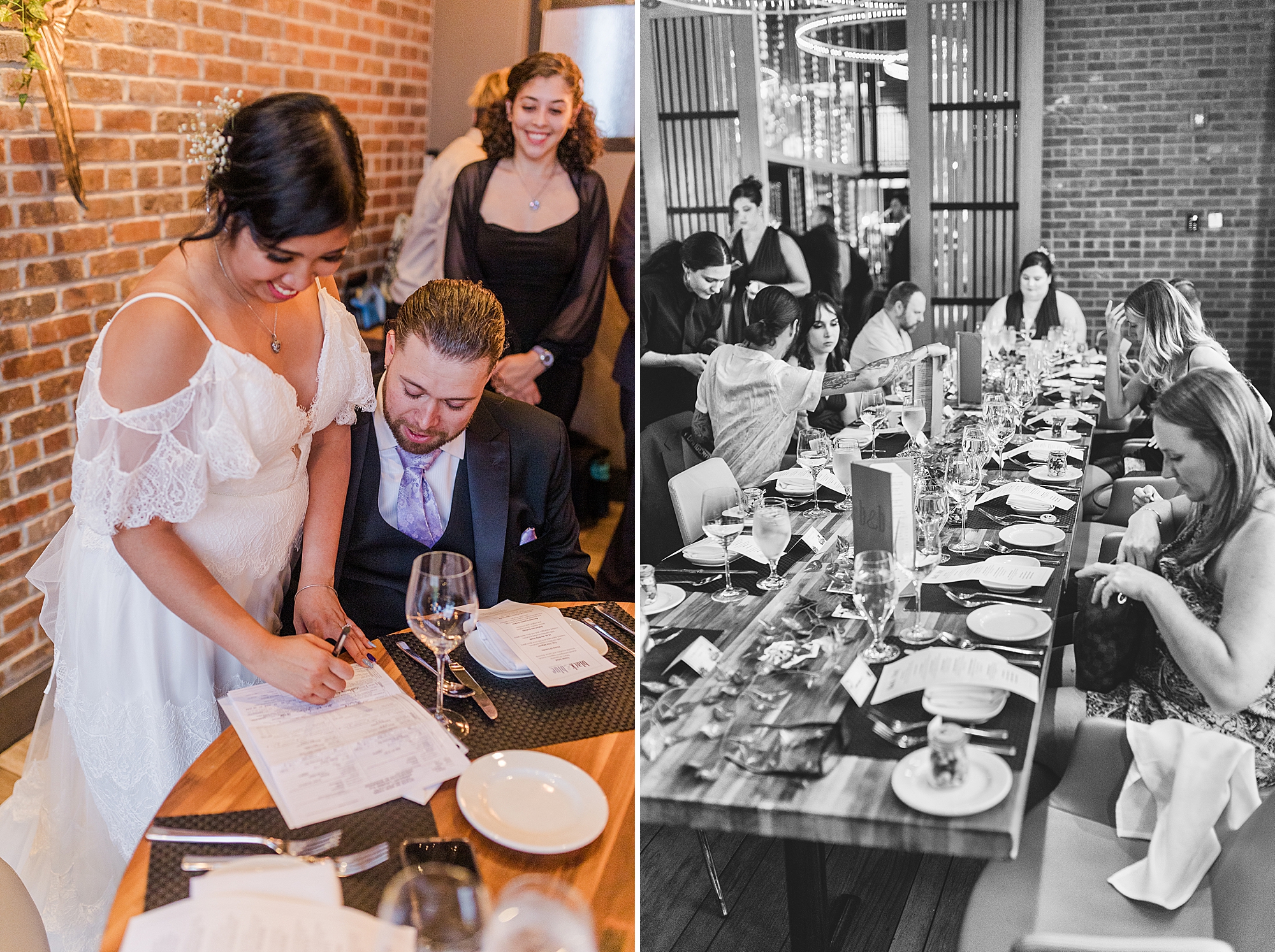 bride and groom signing papers and guests socializing 