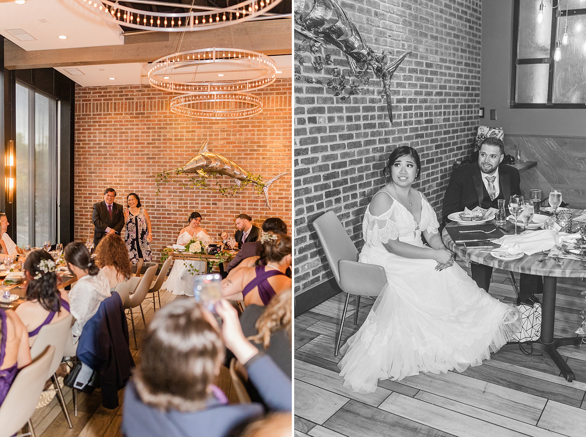 mother and father of bride making a speech while bride and groom watch 