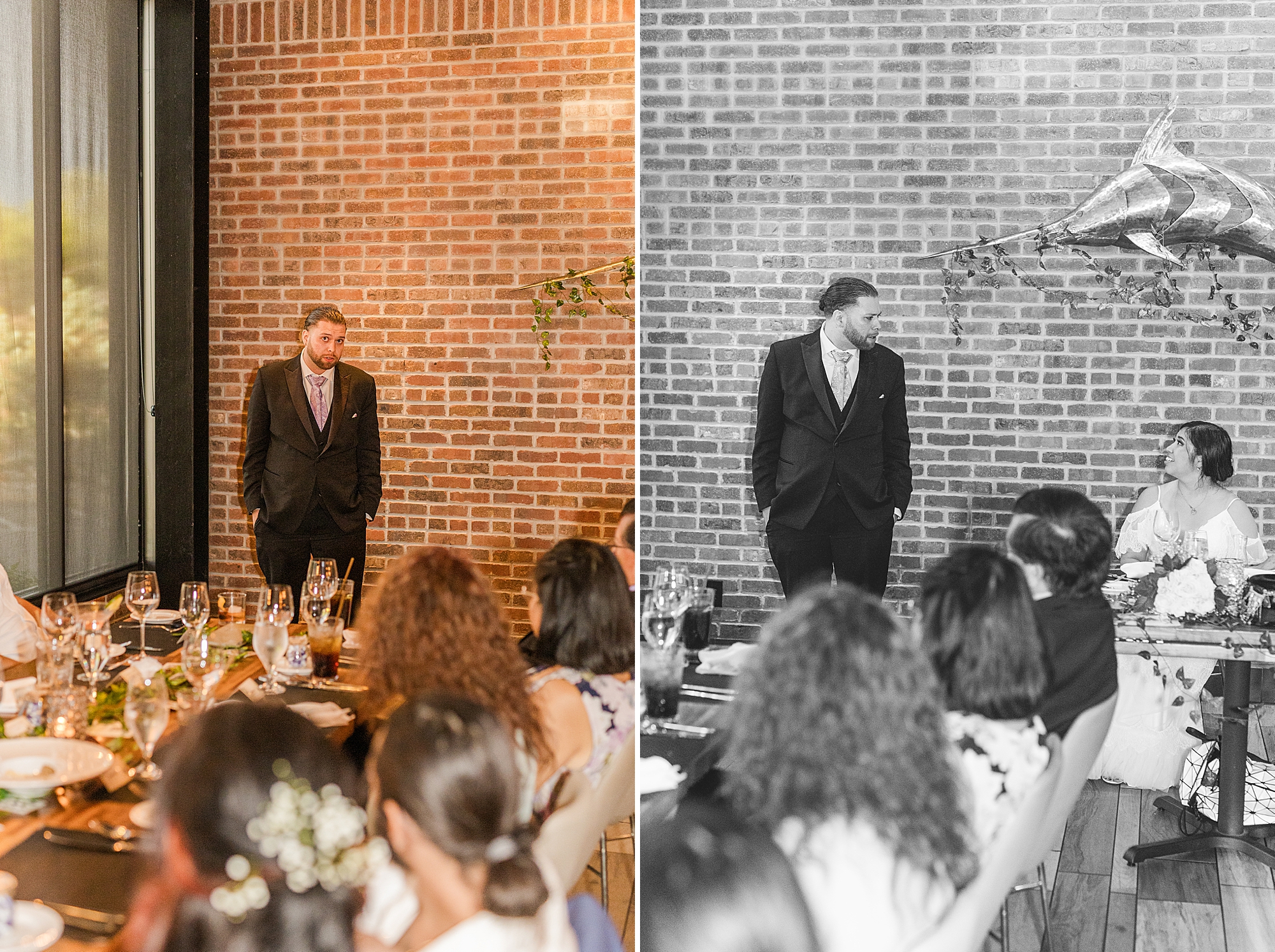 groom makes a speech at wedding reception while bride and guests watches 