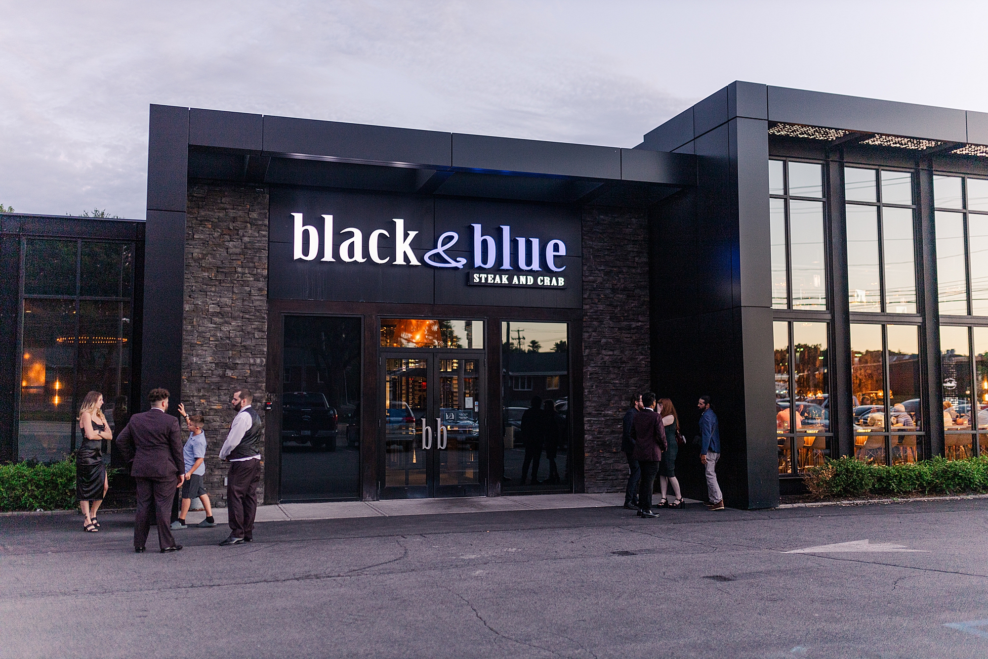 exterior of restaurant at sunset 