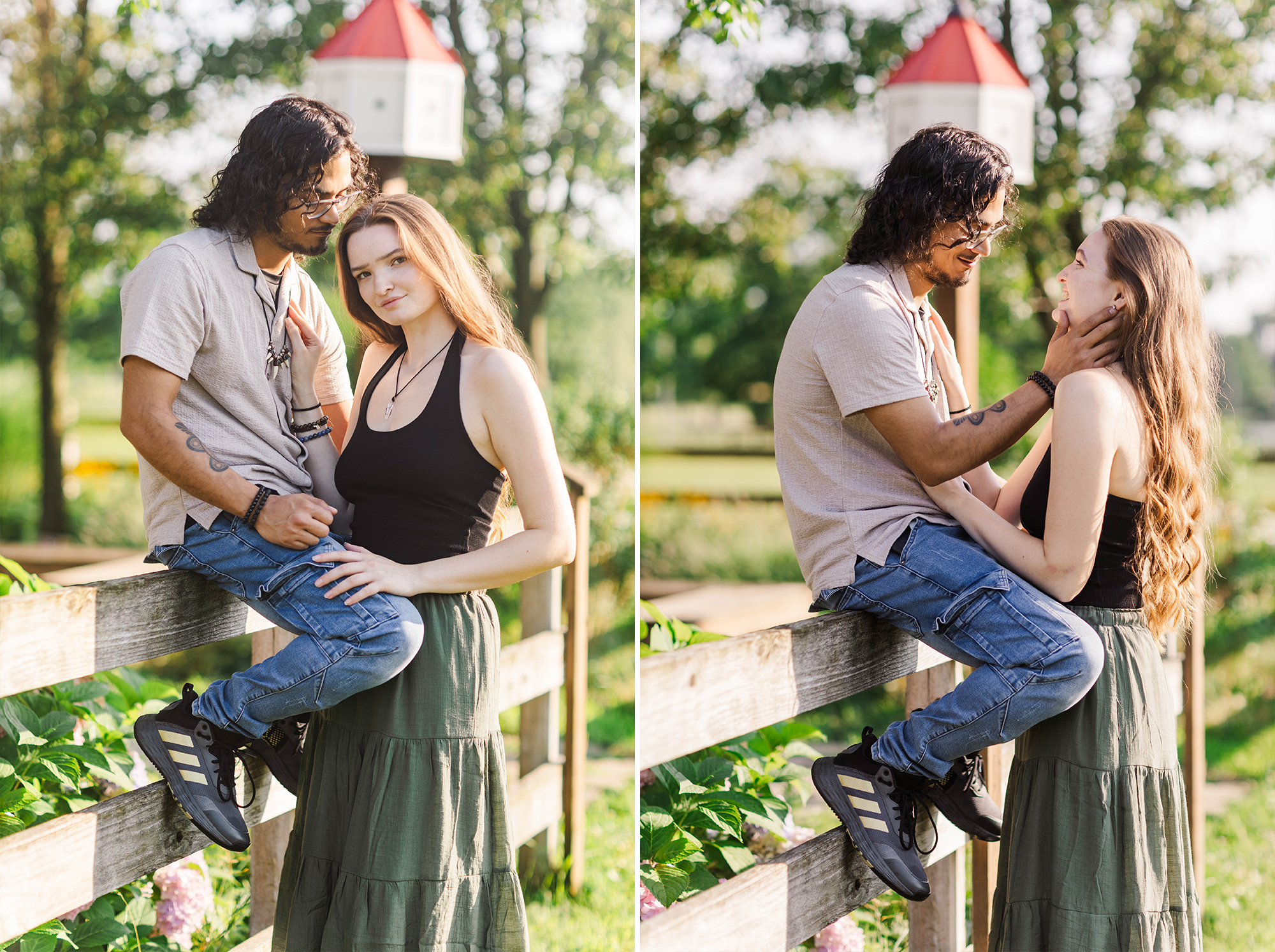 guy sitting on a fence embracing his girlfriend while she stands