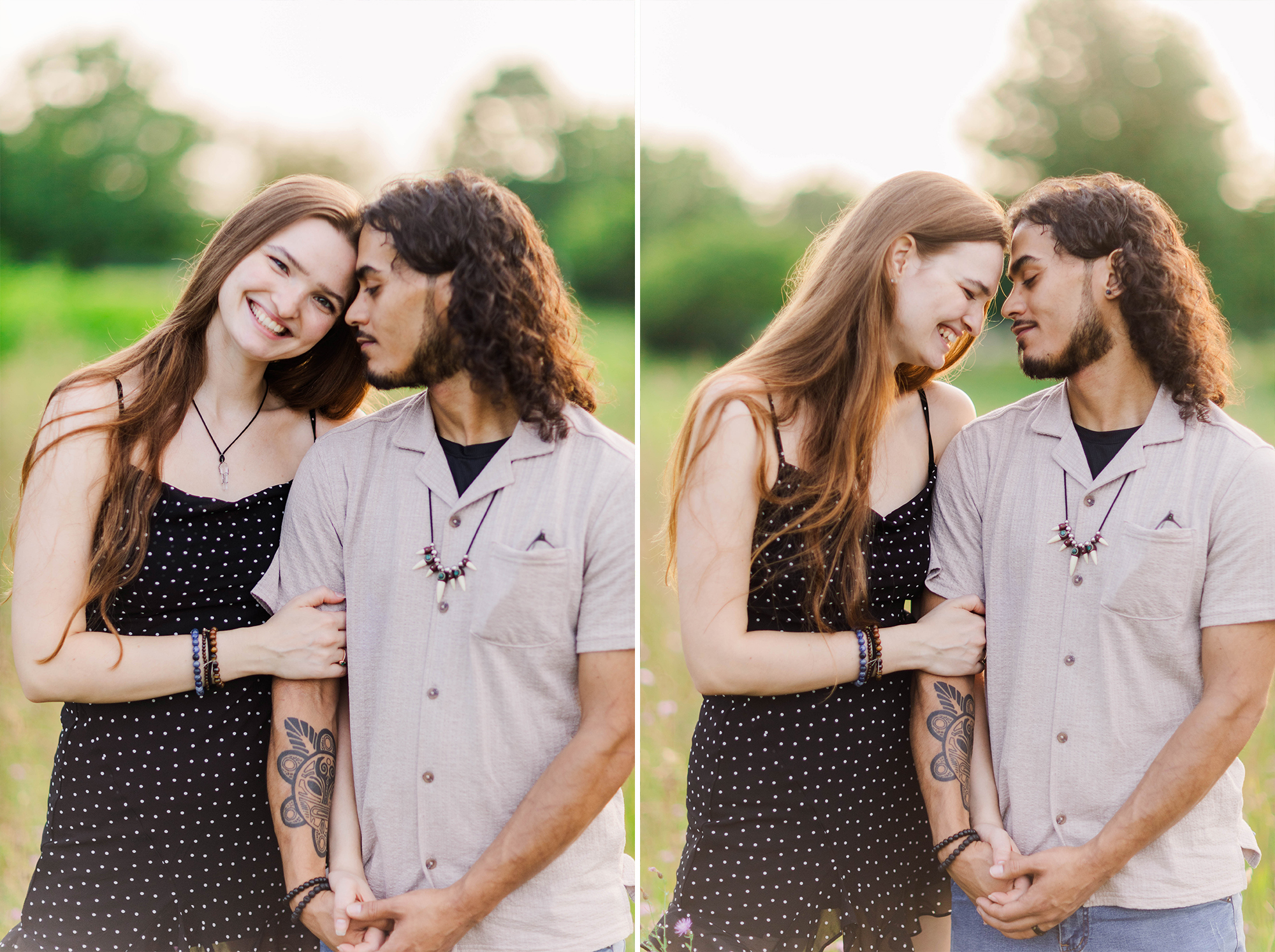 boyfriend and girlfriend laughing each other while standing in field