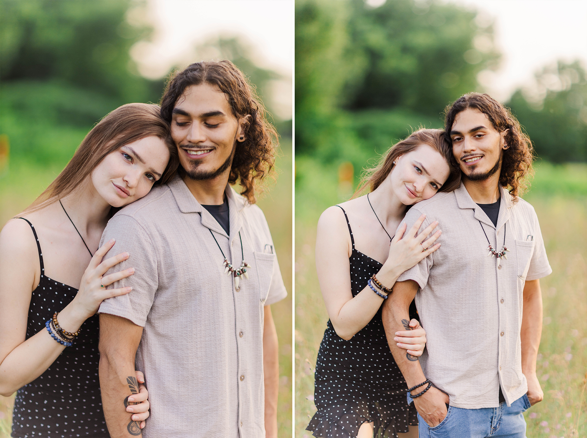 girlfriend leans head on boyfriend in field