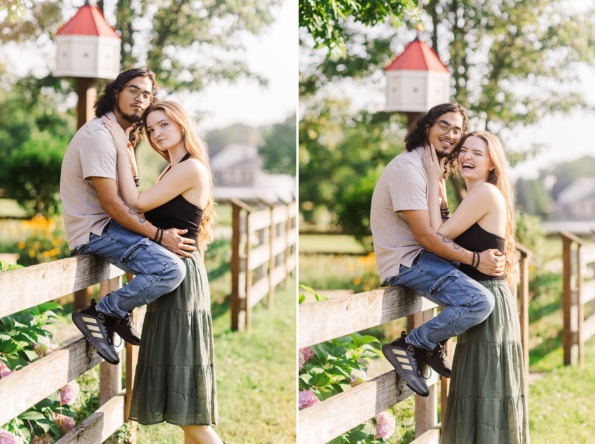 boyfriend and girlfriend embracing each other while boyfriend is sitting on a fence