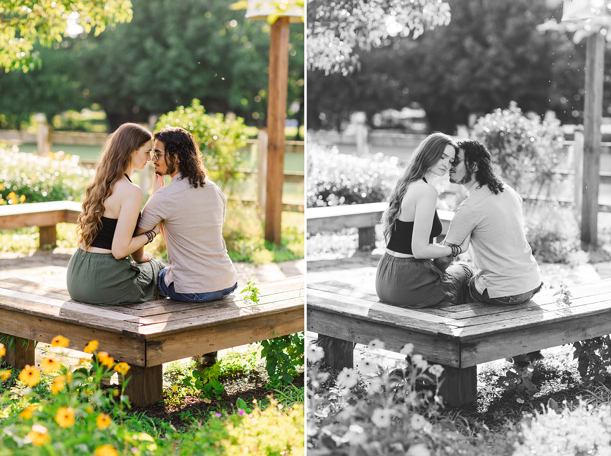 boyfriend and girlfriend stare at each other sitting on a bench