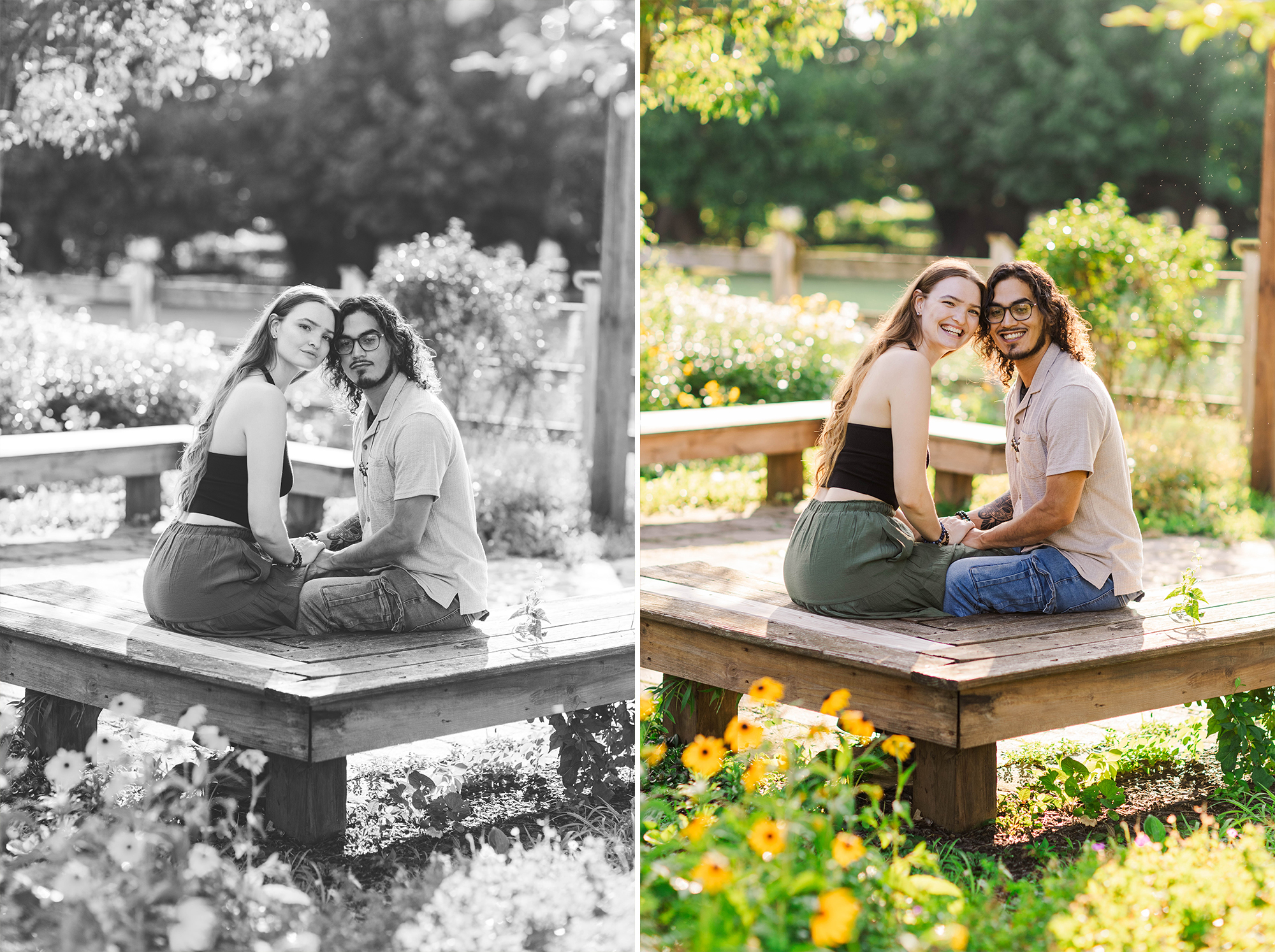 couple laughs with each other on a bench