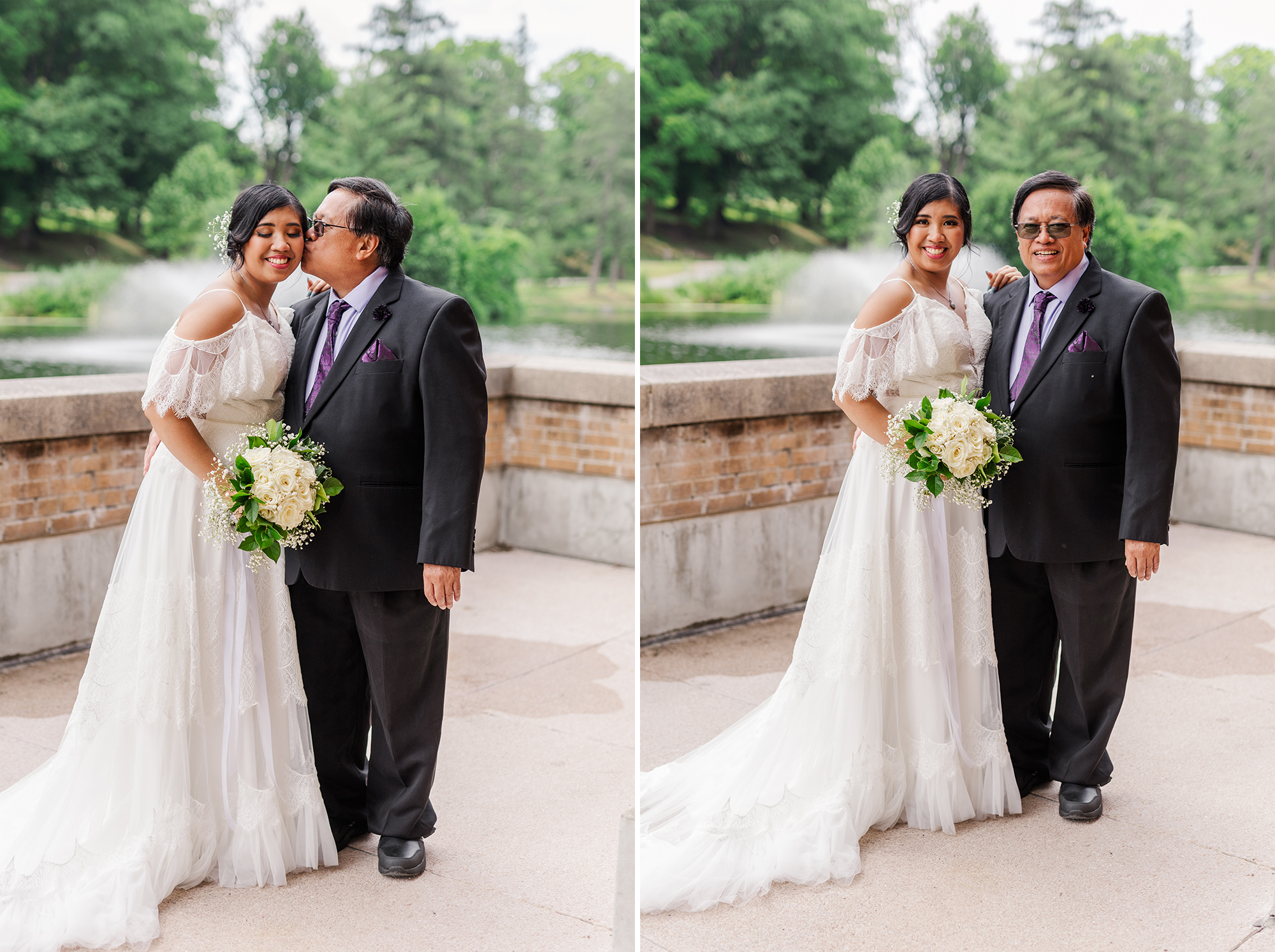 father of the bride and bride embracing each other while overlooking a lake 