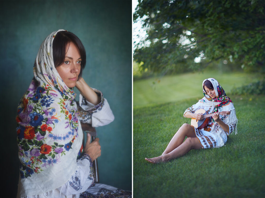 Ukrainian woman sitting in chair and in nature 