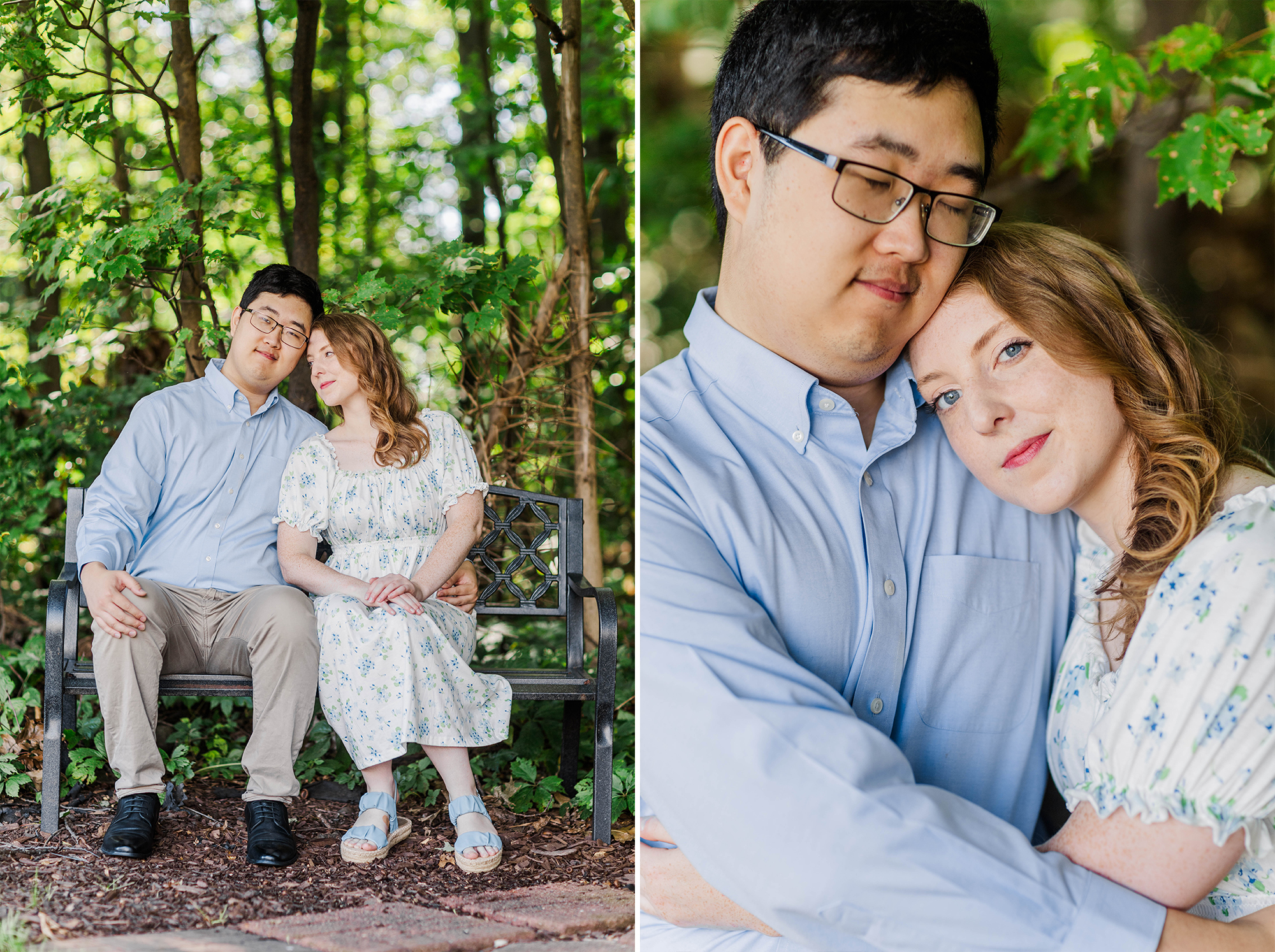 girlfriend laying head on boyfriend while sitting on bench