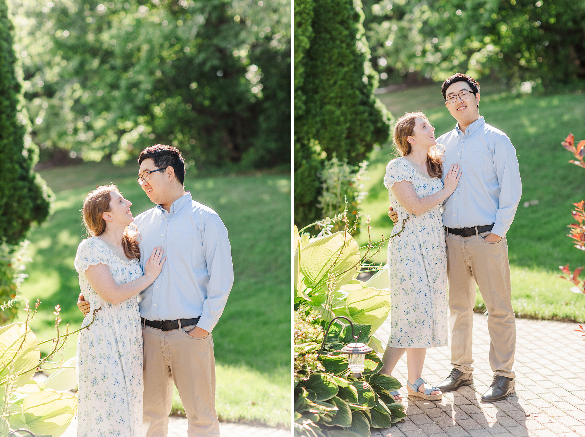 boyfriend and girlfriend posing on patio 