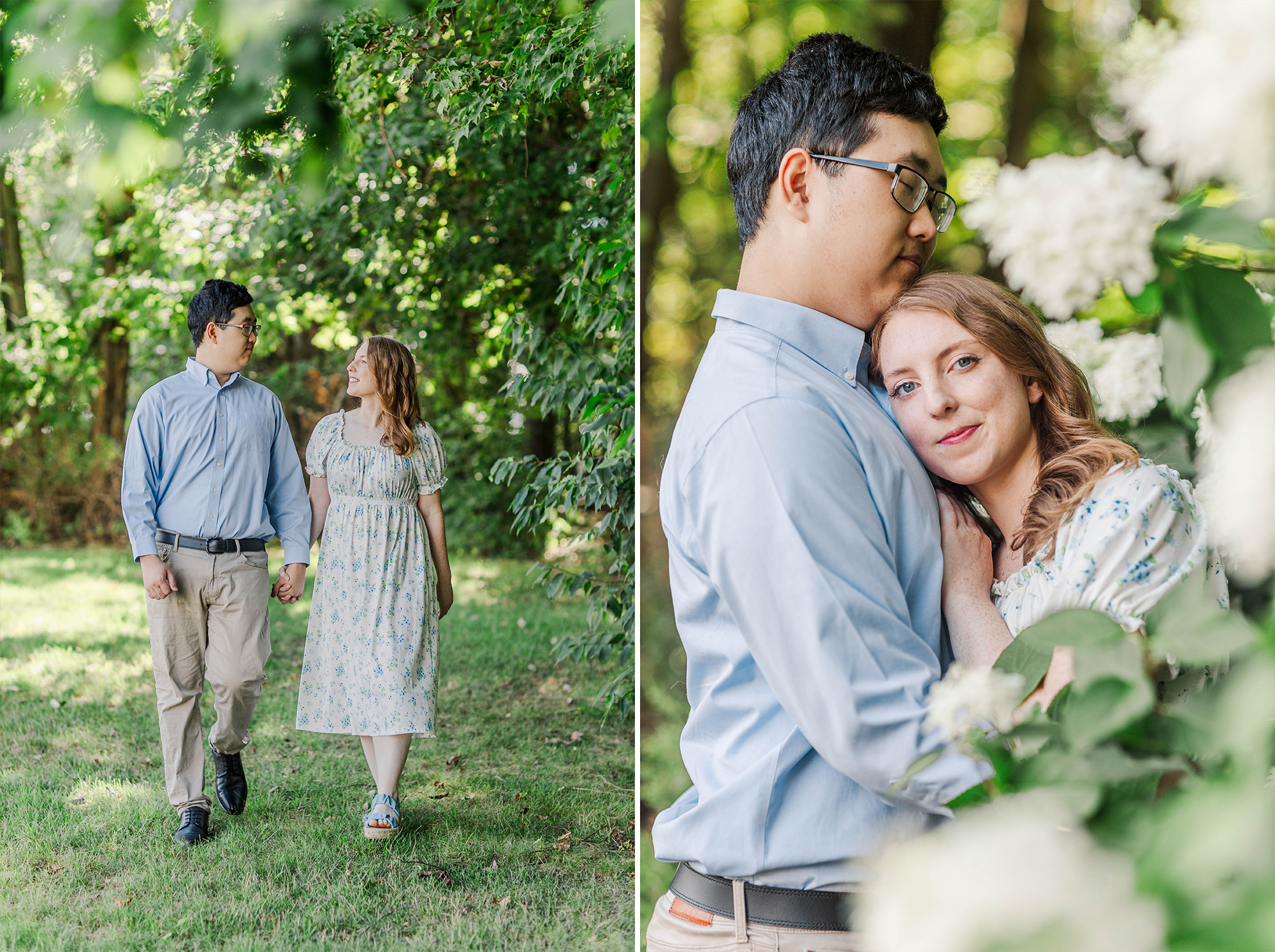 couple embracing each other in tall white flowers 