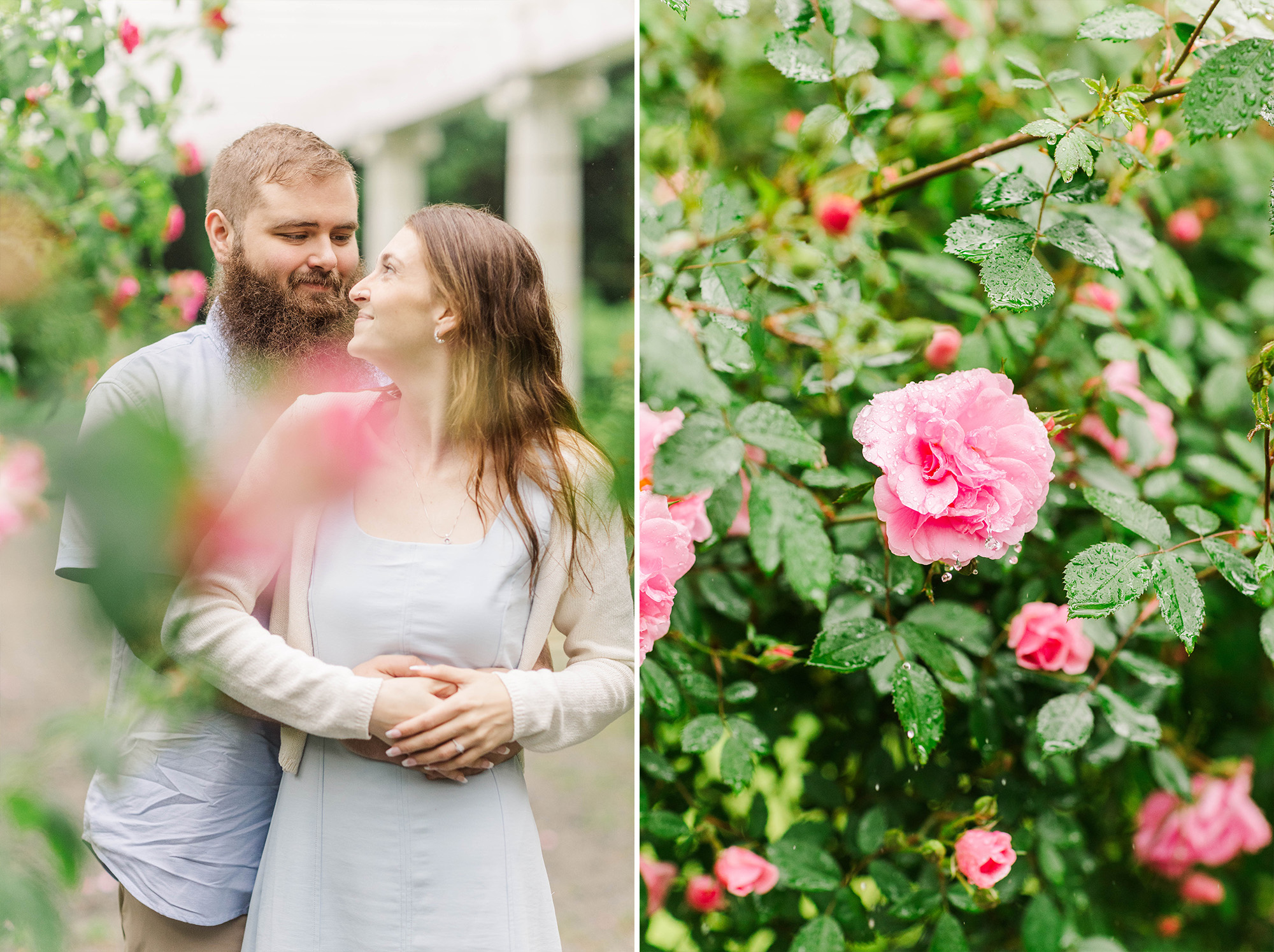couple holding each other surrounded by roses