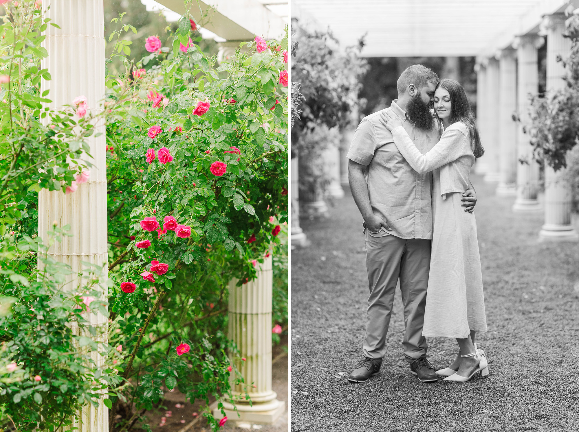 young man and woman embracing each other next to roses and flowers