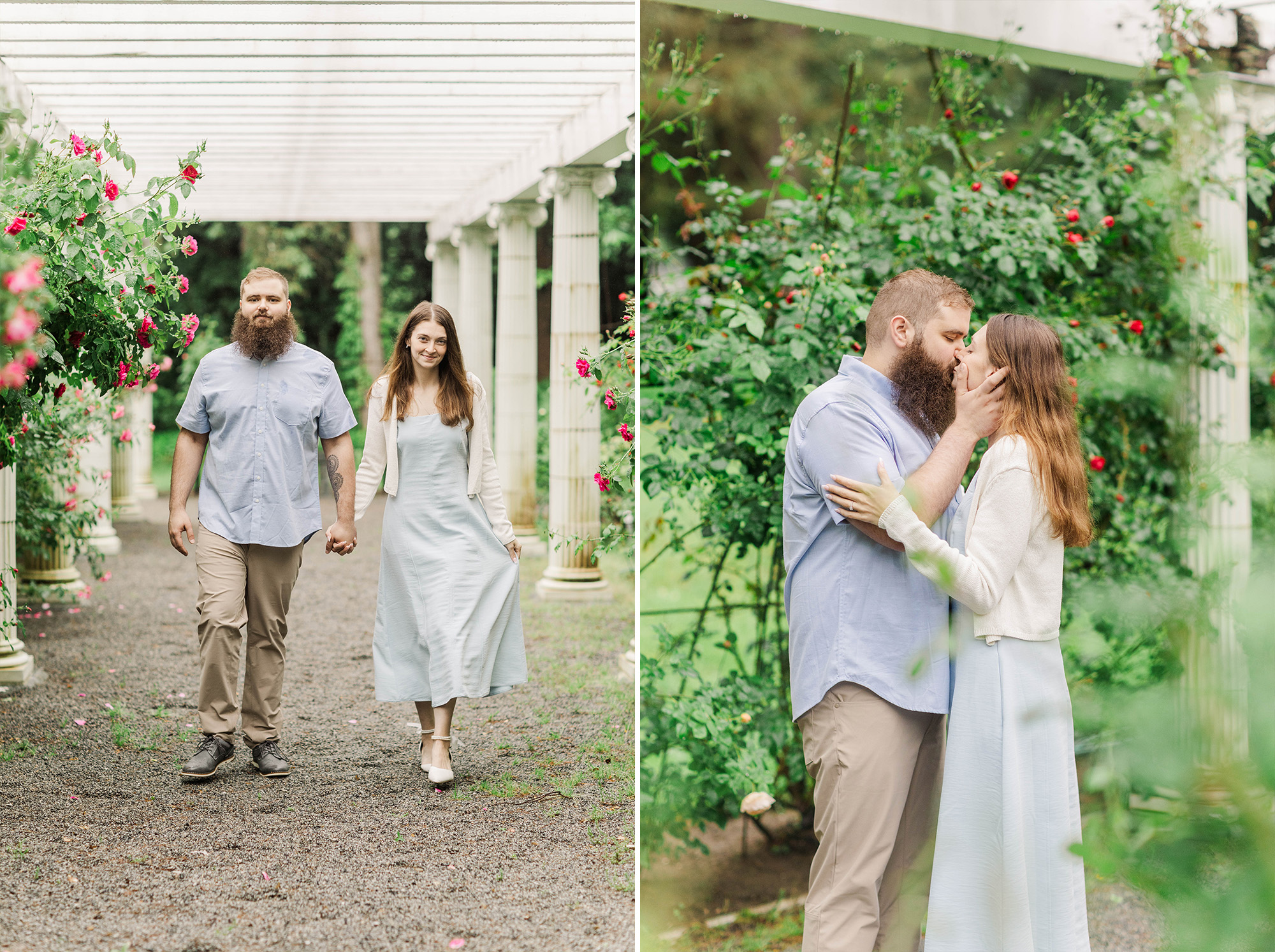 couple walking with each other under arches and roses