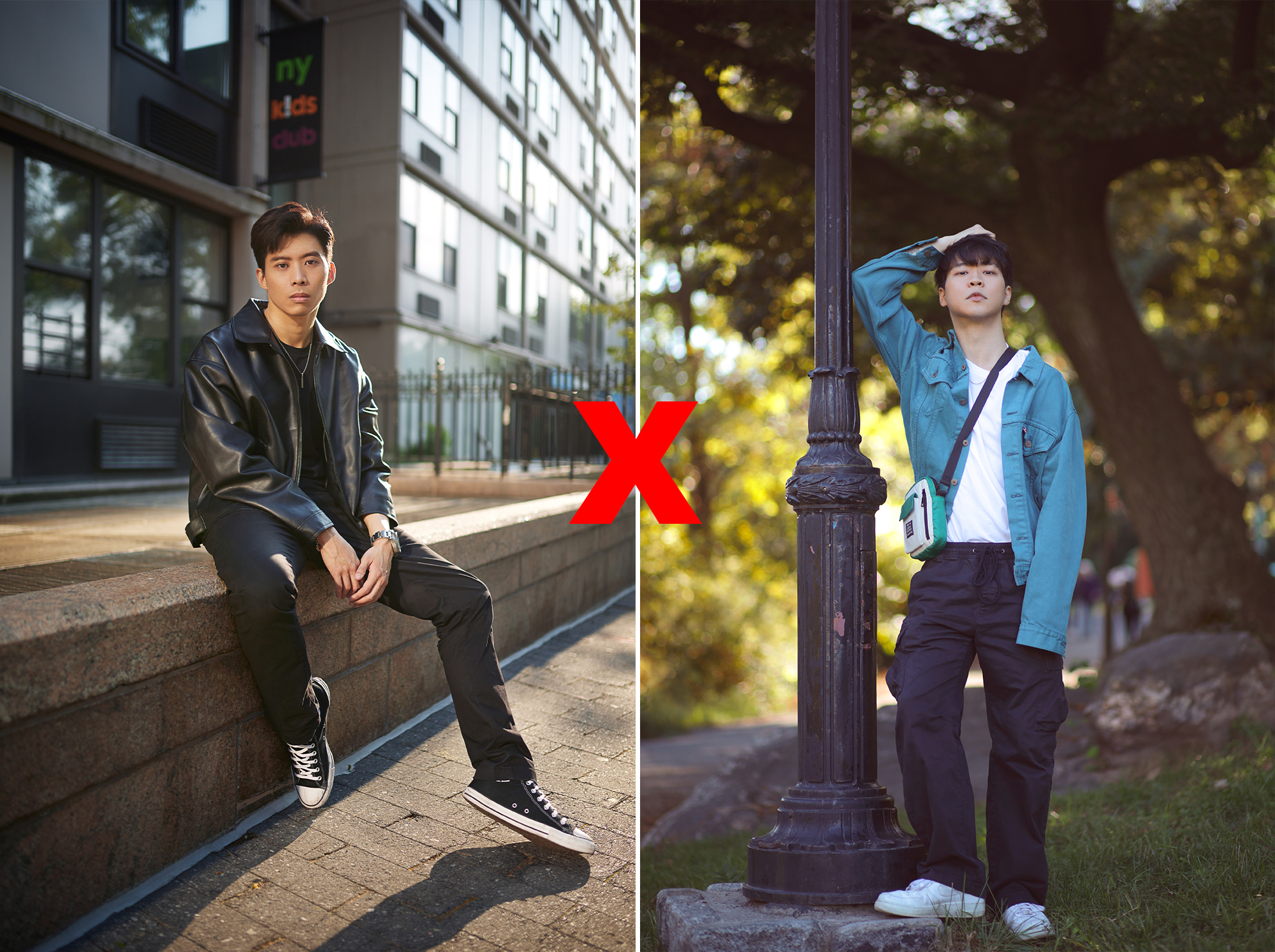 two different men in dark outfits in two different dark settings