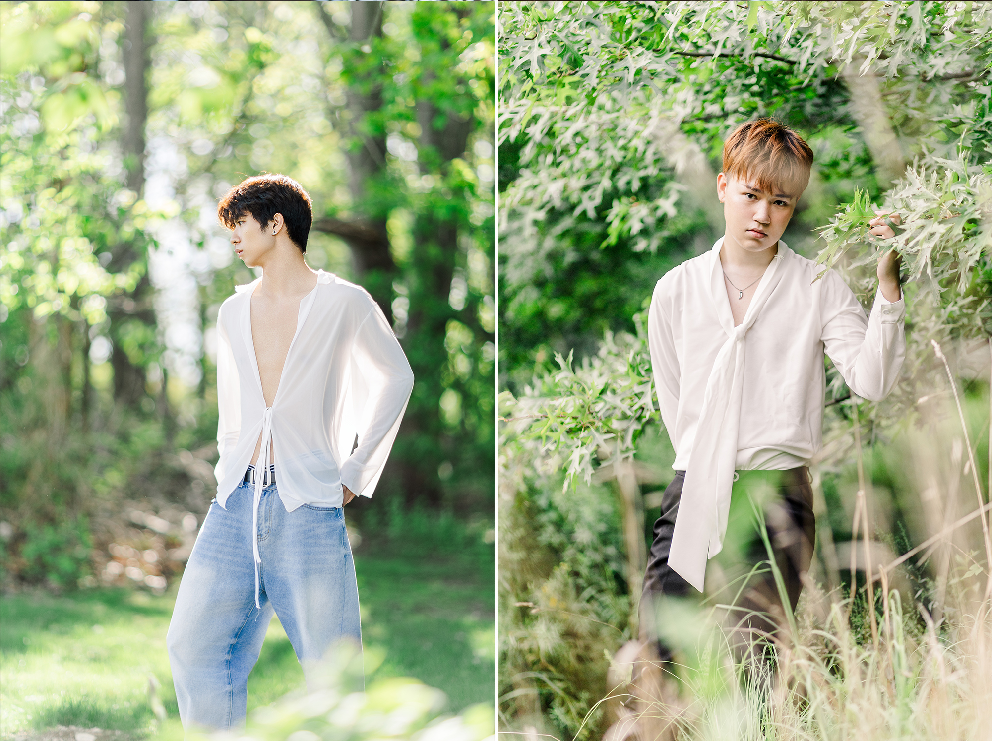 young man in loose white outfit in forest and another man in flowy blouse with greenery