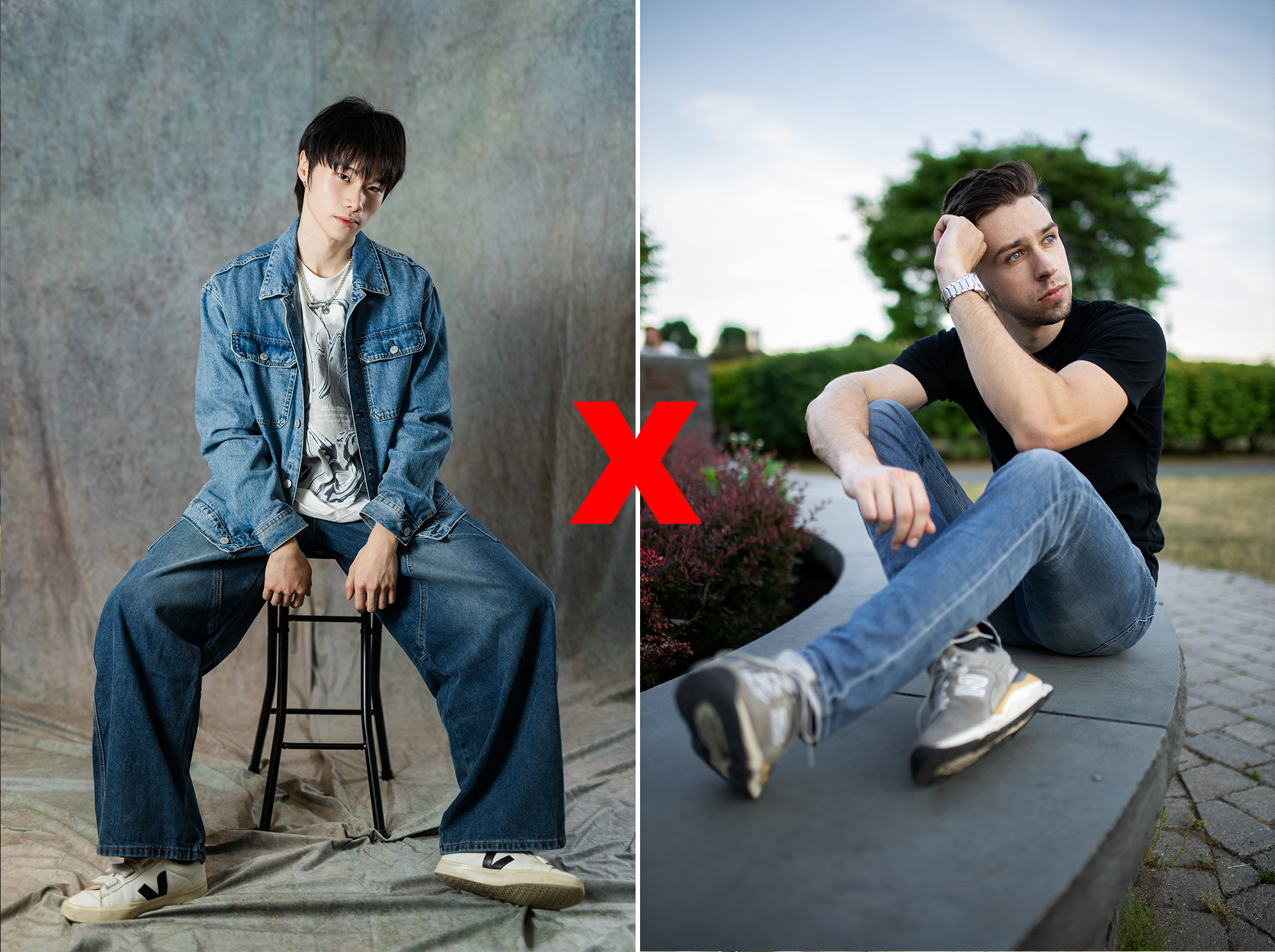 young man with oversized jeans and another man with slim jeans in park