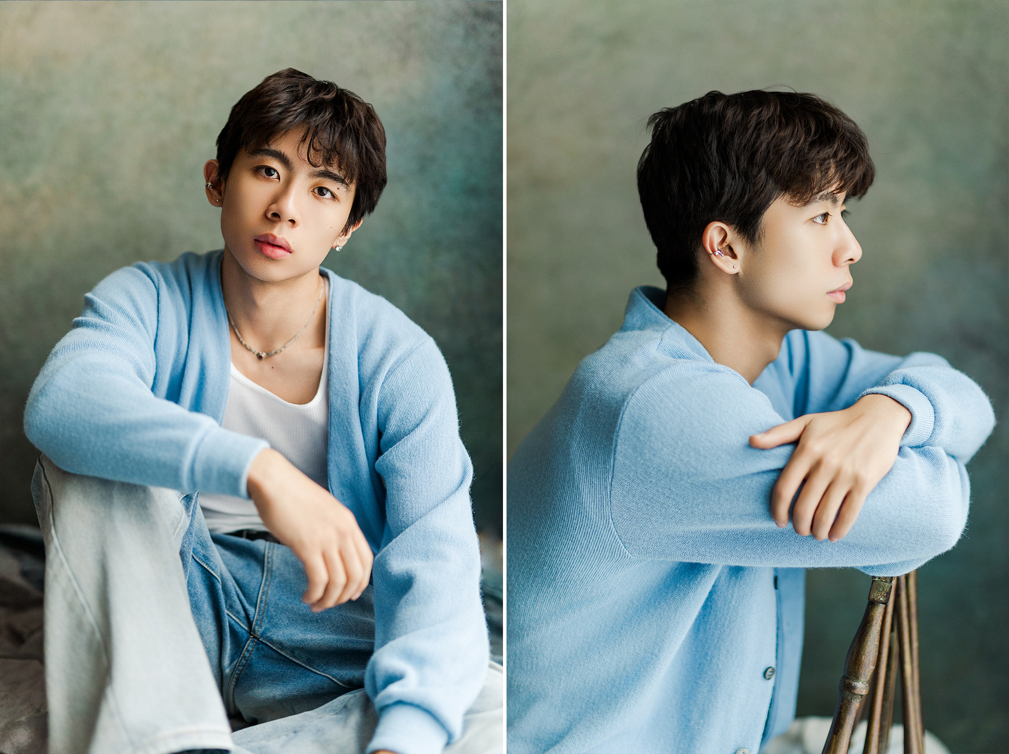 young man with blue cardigan and blue jeans