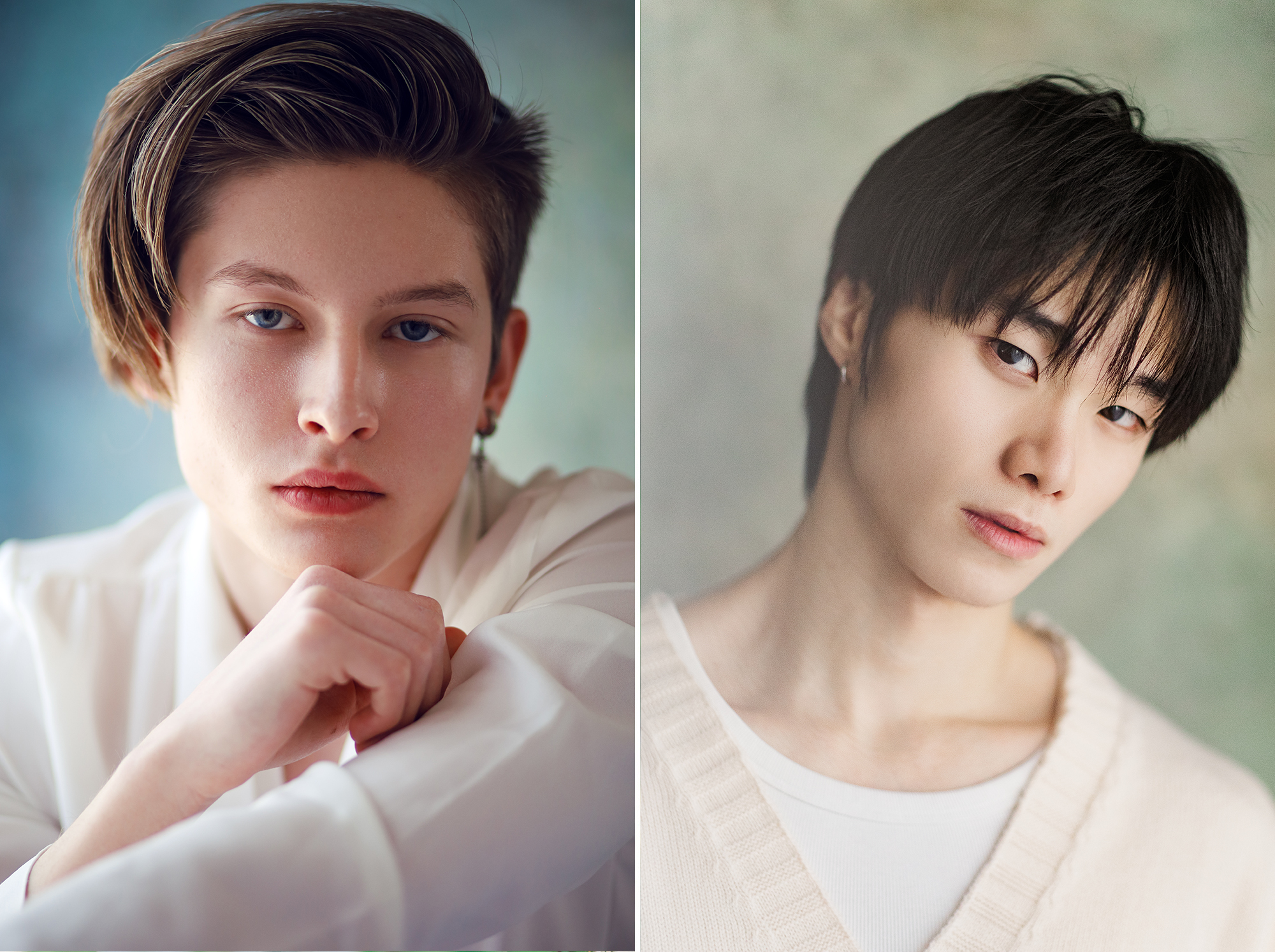 portrait of man in white blouse and another portrait of a young man in beige cardigan