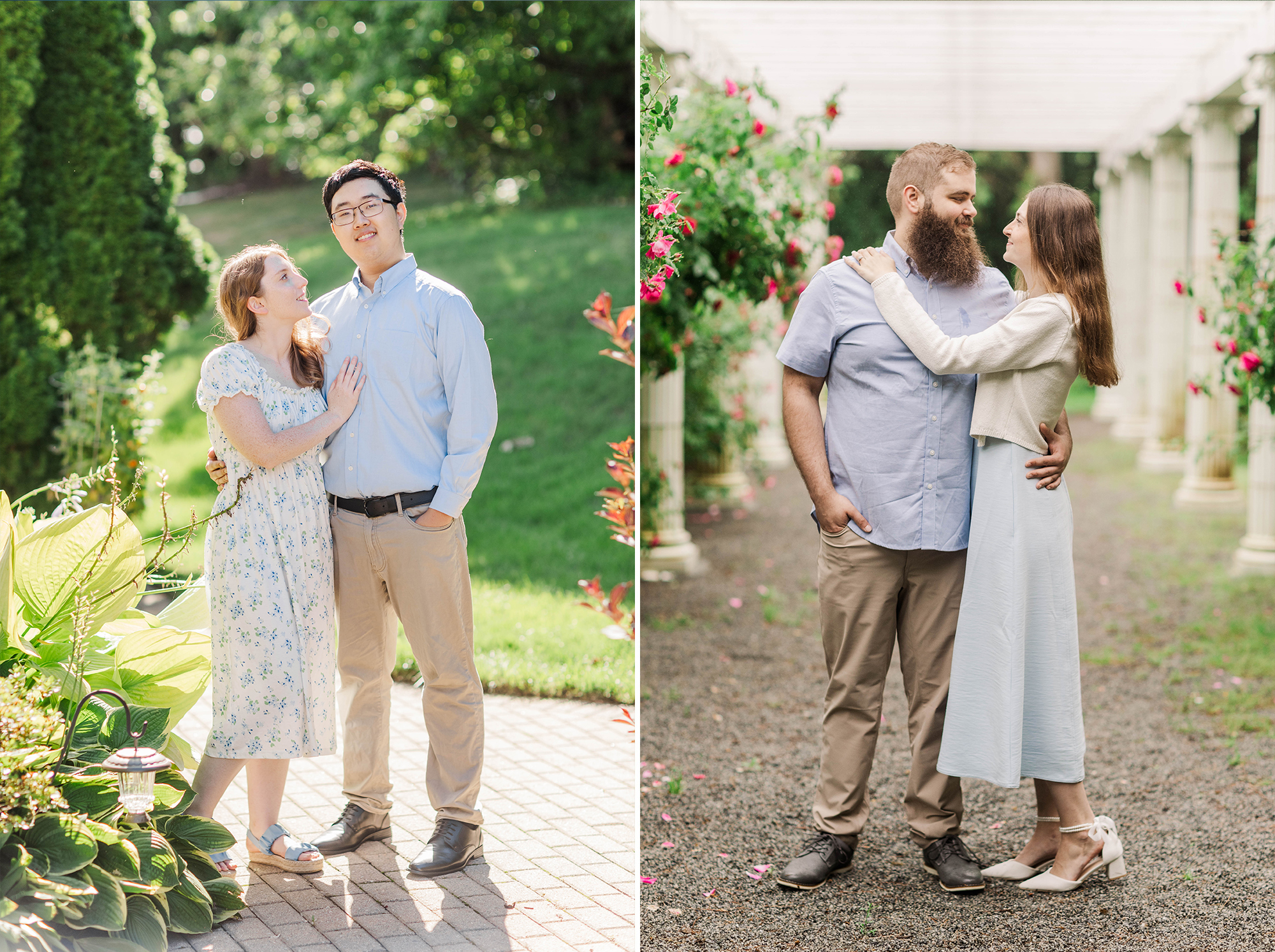two couples different holding each other in two different outdoor garden locations
