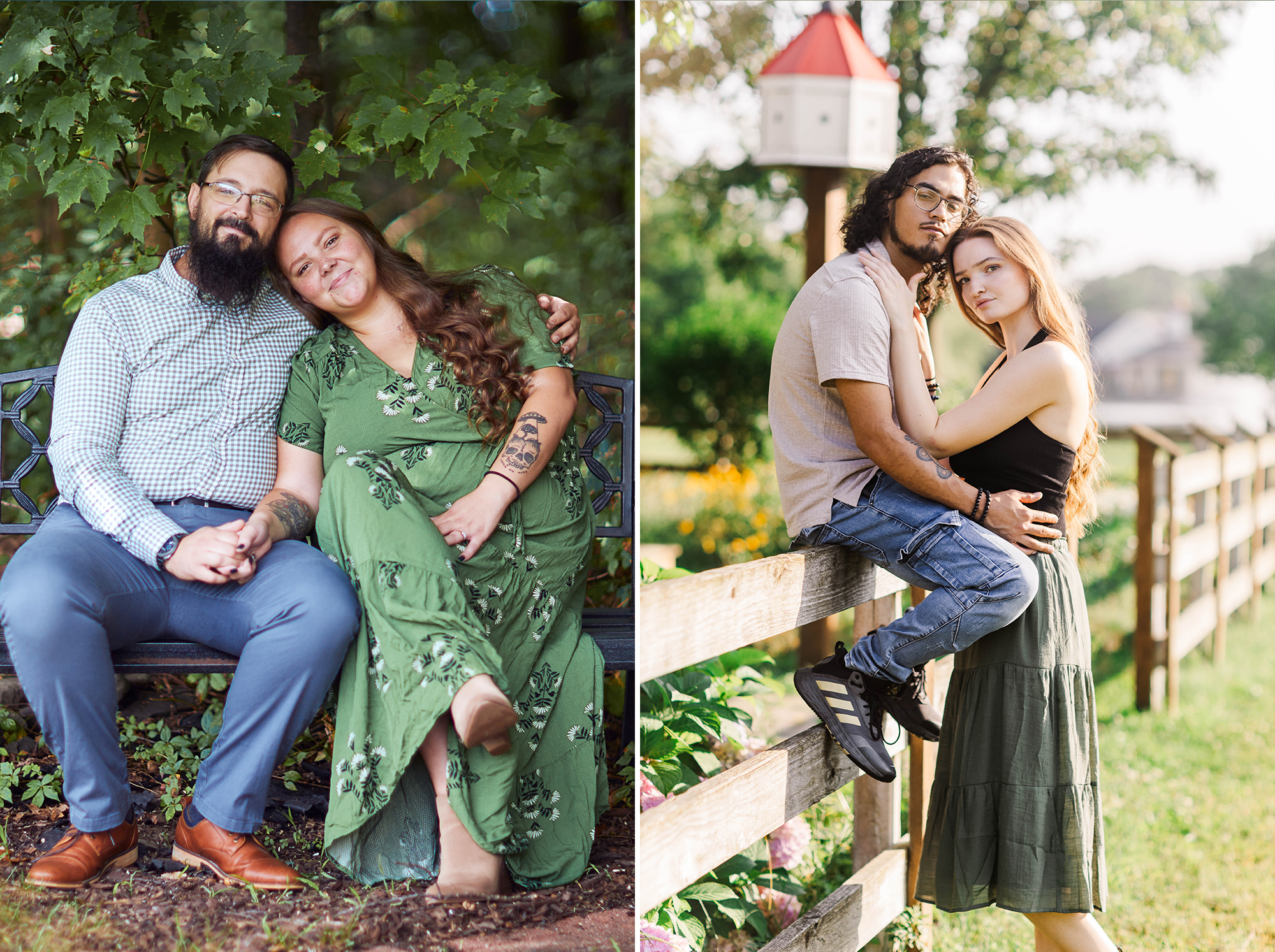 engaged couple sitting on bench and another couple sitting on fence in park