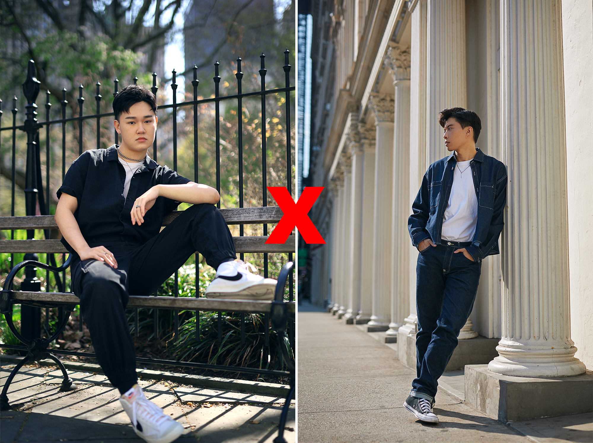 young man sitting on bench in park and another young man posing next to pillars